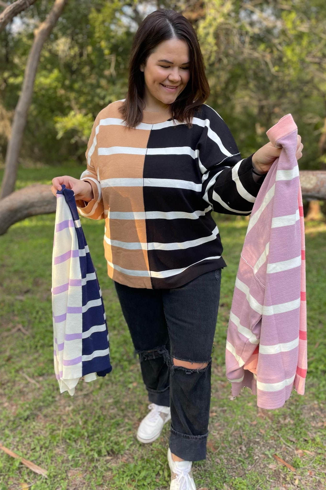 PREORDER: Exceptional Thought Striped Patchwork Sweater in Three Colors-Womens-Stay Foxy Boutique, Florissant, Missouri