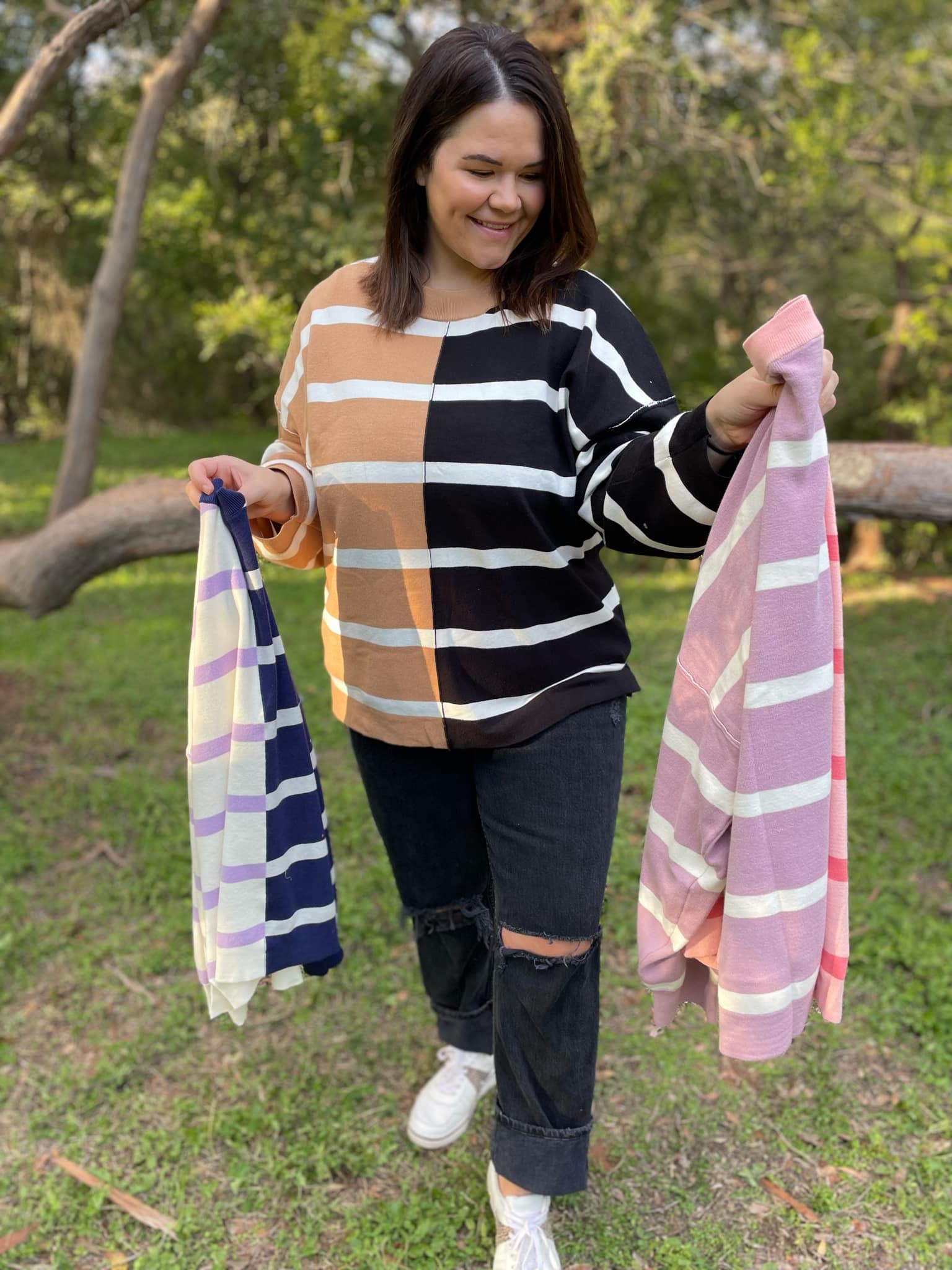 PREORDER: Exceptional Thought Striped Patchwork Sweater in Three Colors-Womens-Stay Foxy Boutique, Florissant, Missouri