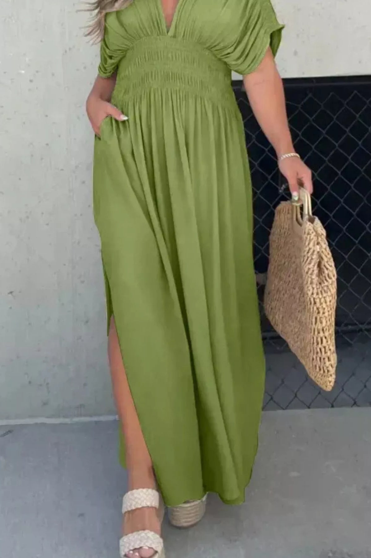 Full Size Slit V-Neck Smocked Waist Maxi Dress Plus Size-Stay Foxy Boutique, Florissant, Missouri