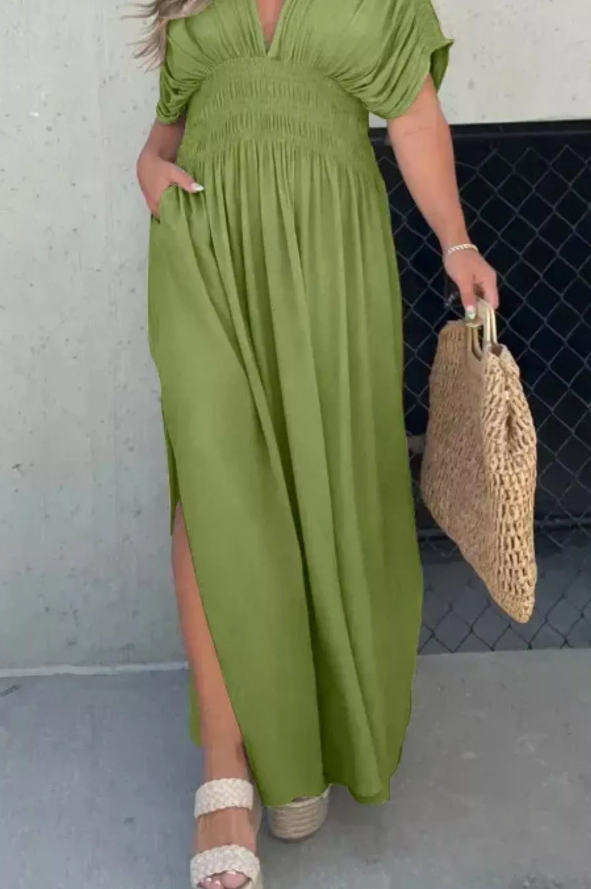 Full Size Slit V-Neck Smocked Waist Maxi Dress Plus Size-Stay Foxy Boutique, Florissant, Missouri