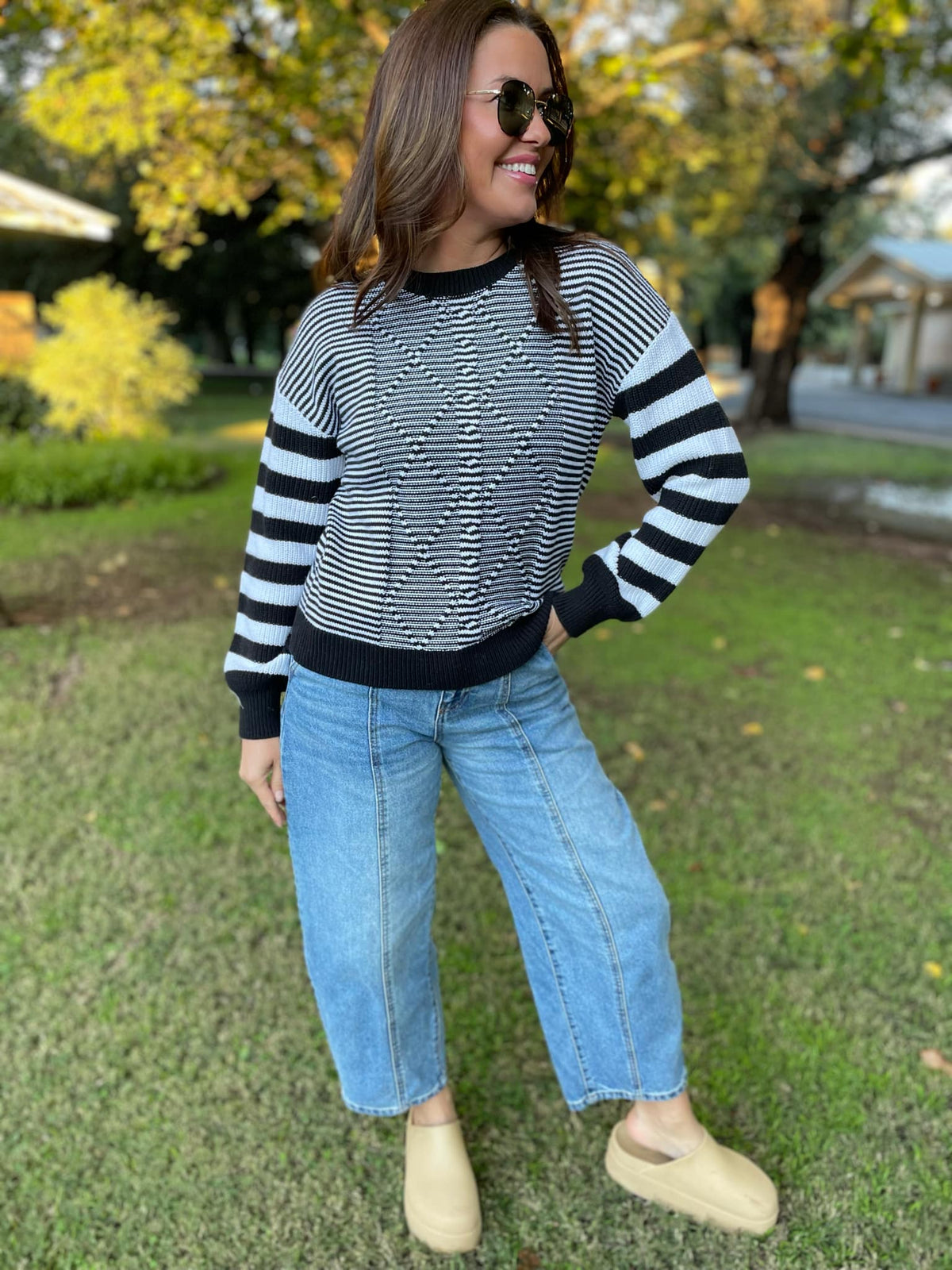 Aspen Striped Sleeve Sweater in Four Colors-Womens-Stay Foxy Boutique, Florissant, Missouri