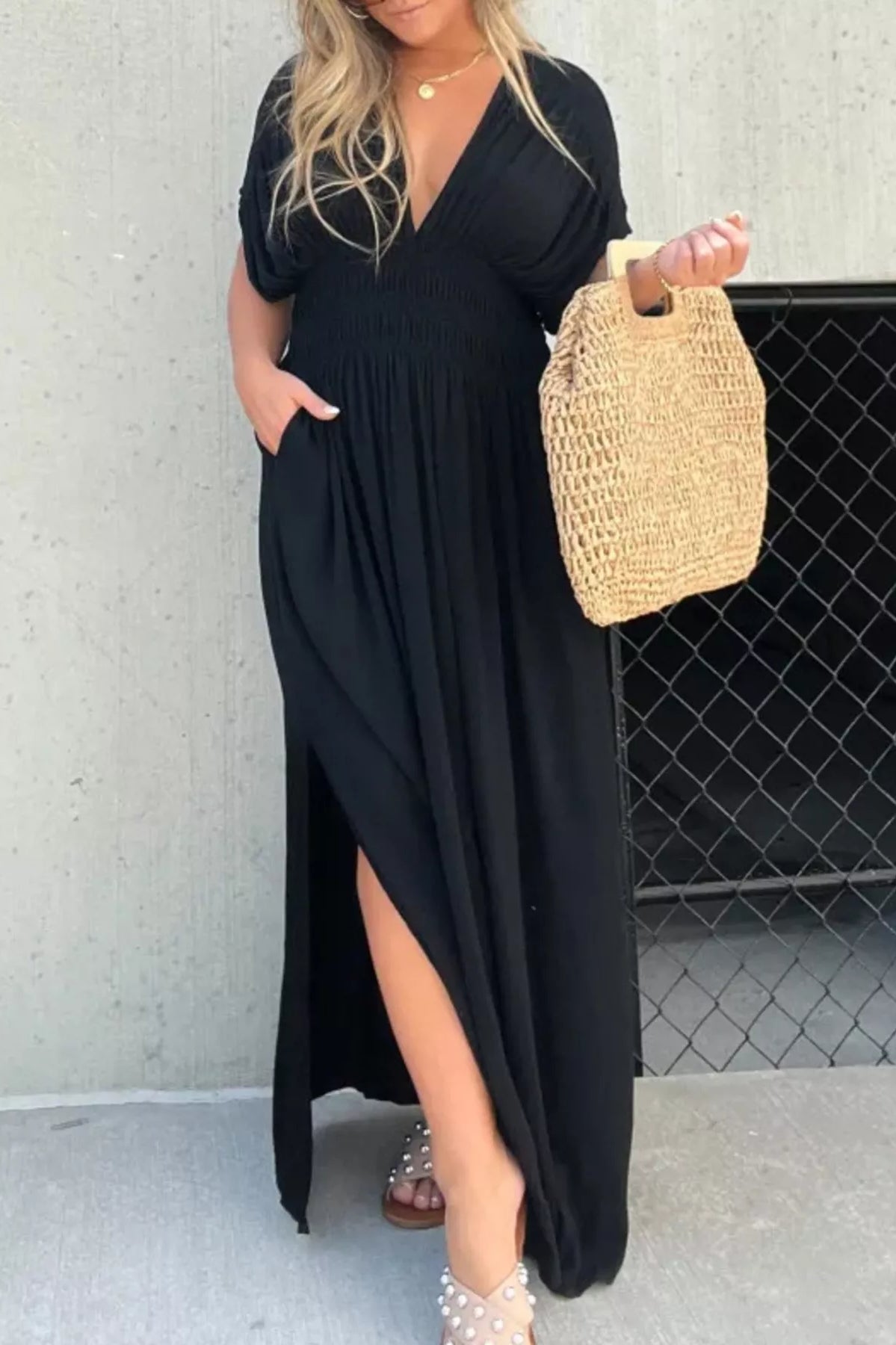 Full Size Slit V-Neck Smocked Waist Maxi Dress Plus Size-Stay Foxy Boutique, Florissant, Missouri