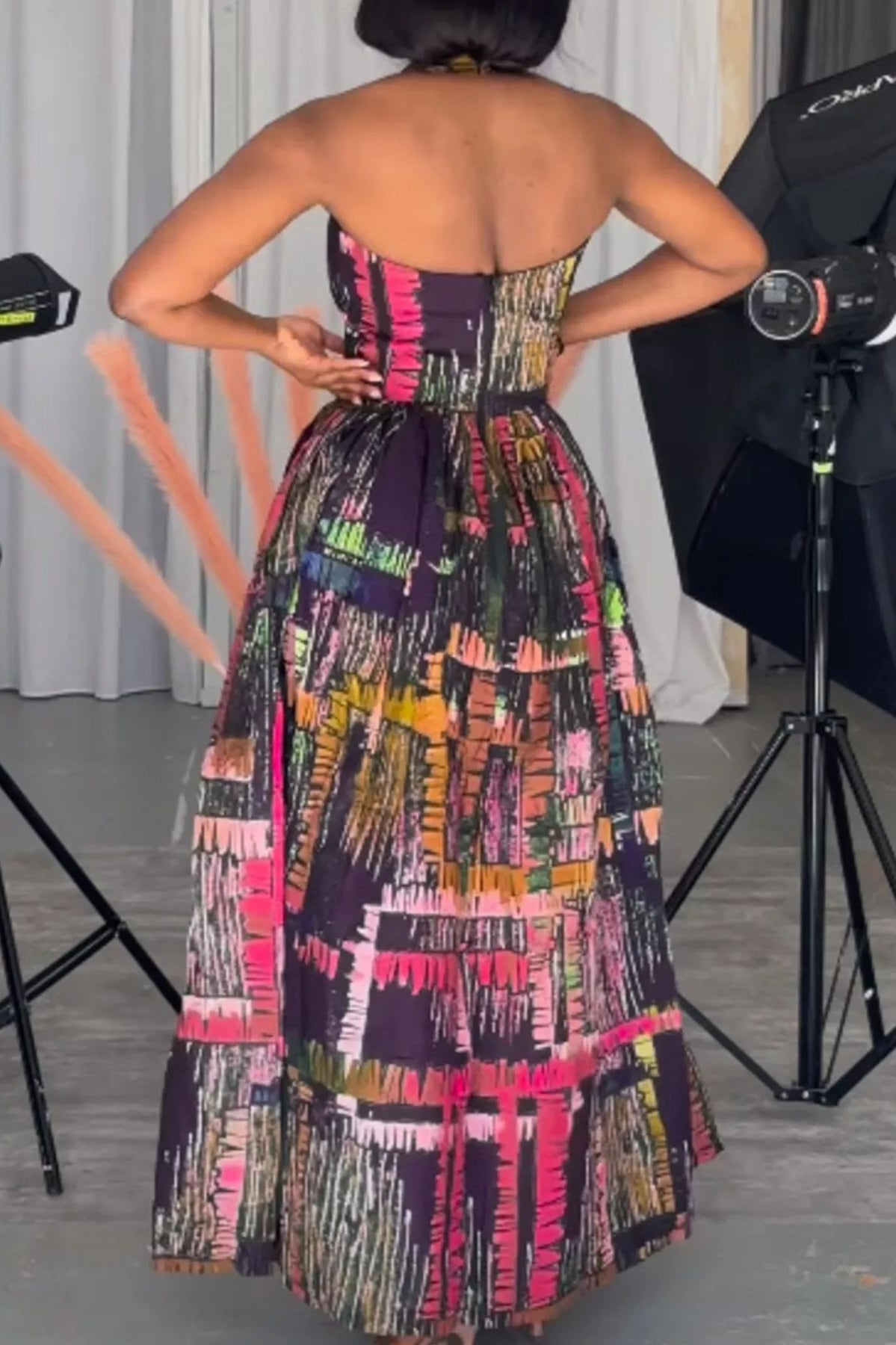 Full Size Abstract Print Halter Neck Maxi Dress Plus Size-Stay Foxy Boutique, Florissant, Missouri