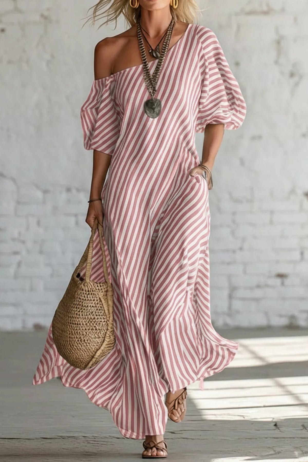Full Size Striped One-Shoulder Casual Maxi Dress Plus Size-Stay Foxy Boutique, Florissant, Missouri