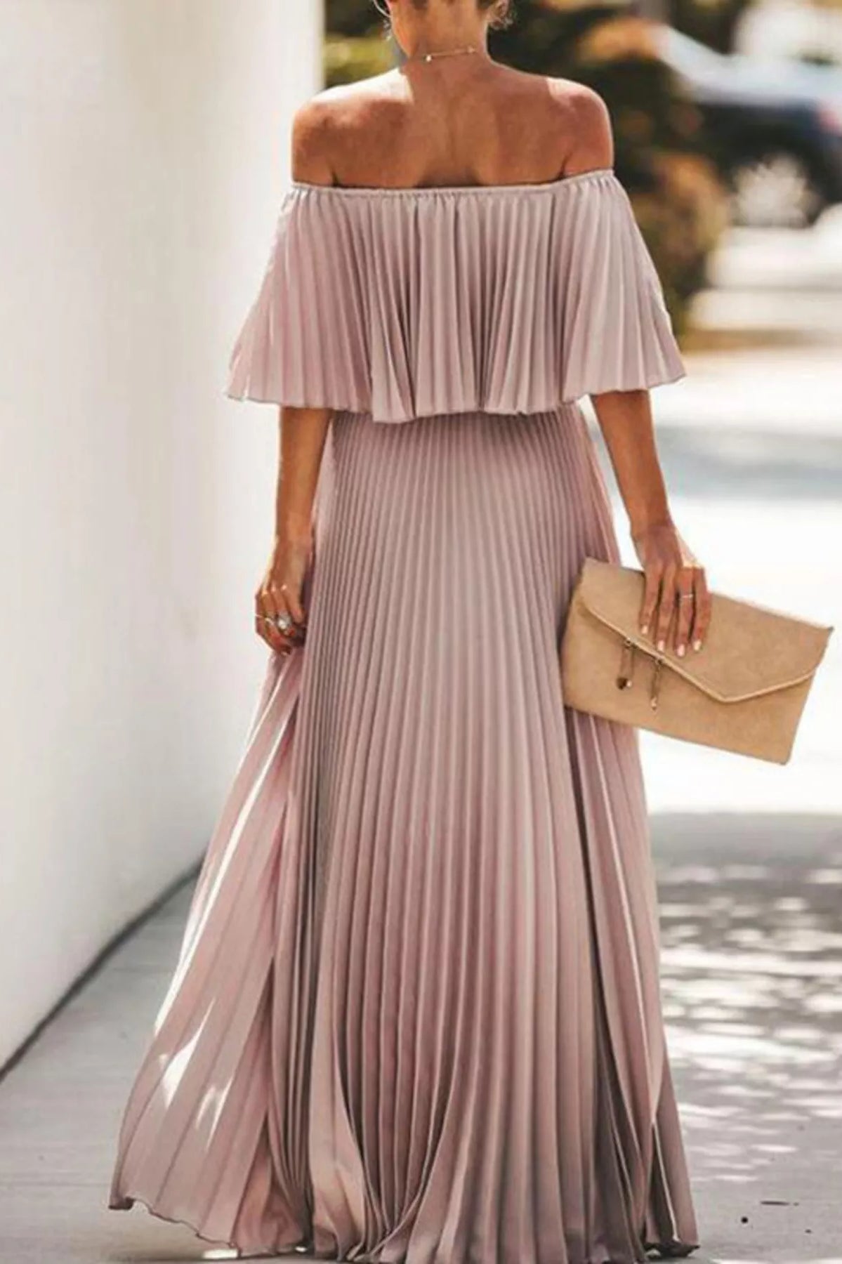 Full Size Off-Shoulder Pleated Maxi Dress Plus Size-Stay Foxy Boutique, Florissant, Missouri