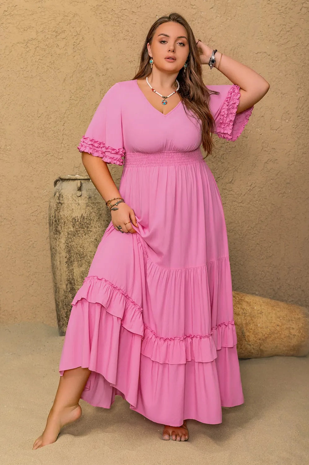 Plus Size V-Neck Half Sleeve Maxi Dress-Stay Foxy Boutique, Florissant, Missouri