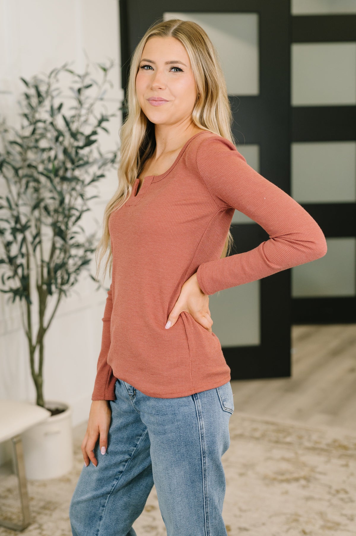 All That I Know Split Neck Top in Marsala-Womens-Stay Foxy Boutique, Florissant, Missouri
