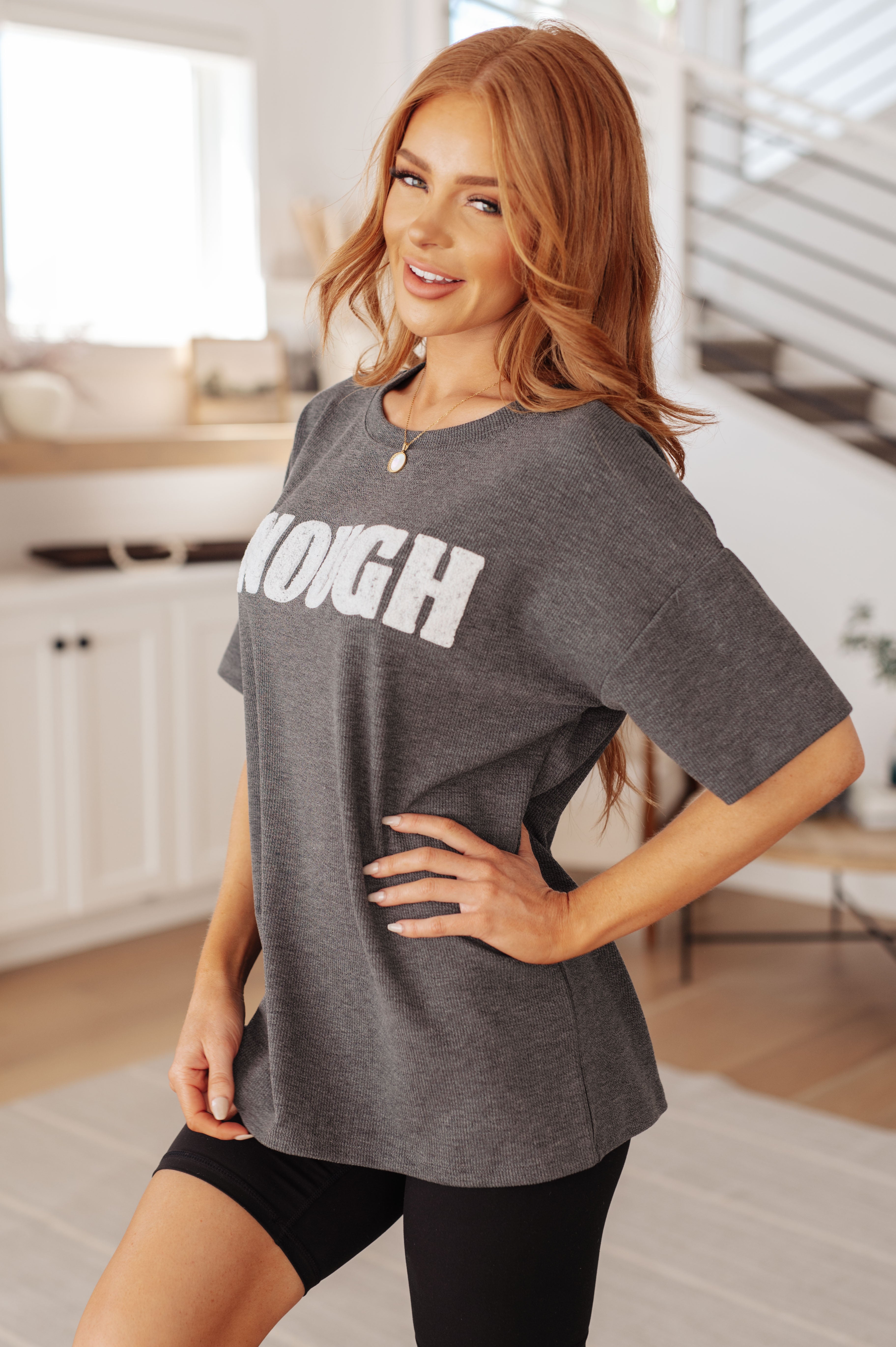 Always Enough Graphic Tee in Charcoal-Tops-Stay Foxy Boutique, Florissant, Missouri