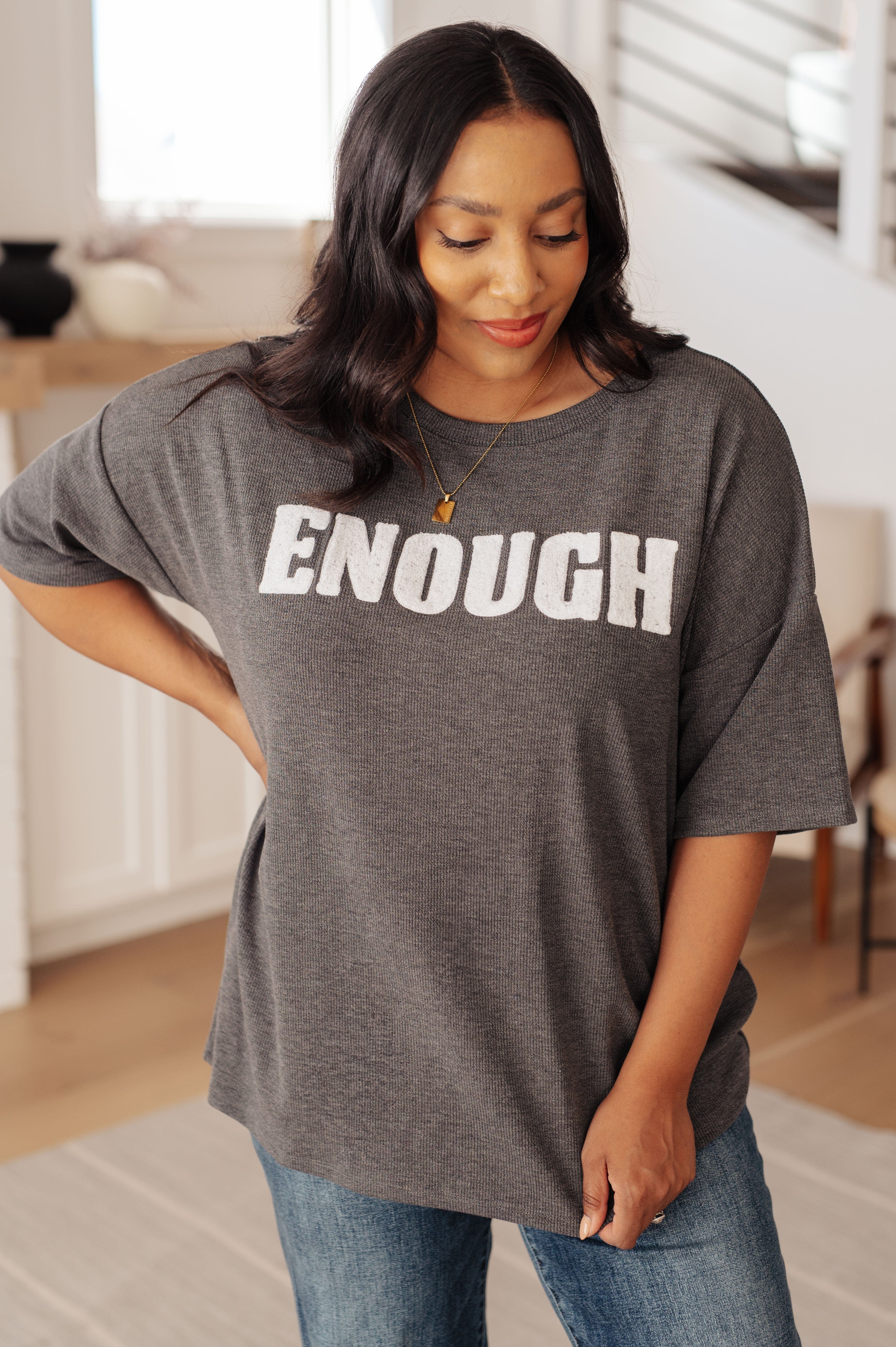 Always Enough Graphic Tee in Charcoal-Tops-Stay Foxy Boutique, Florissant, Missouri
