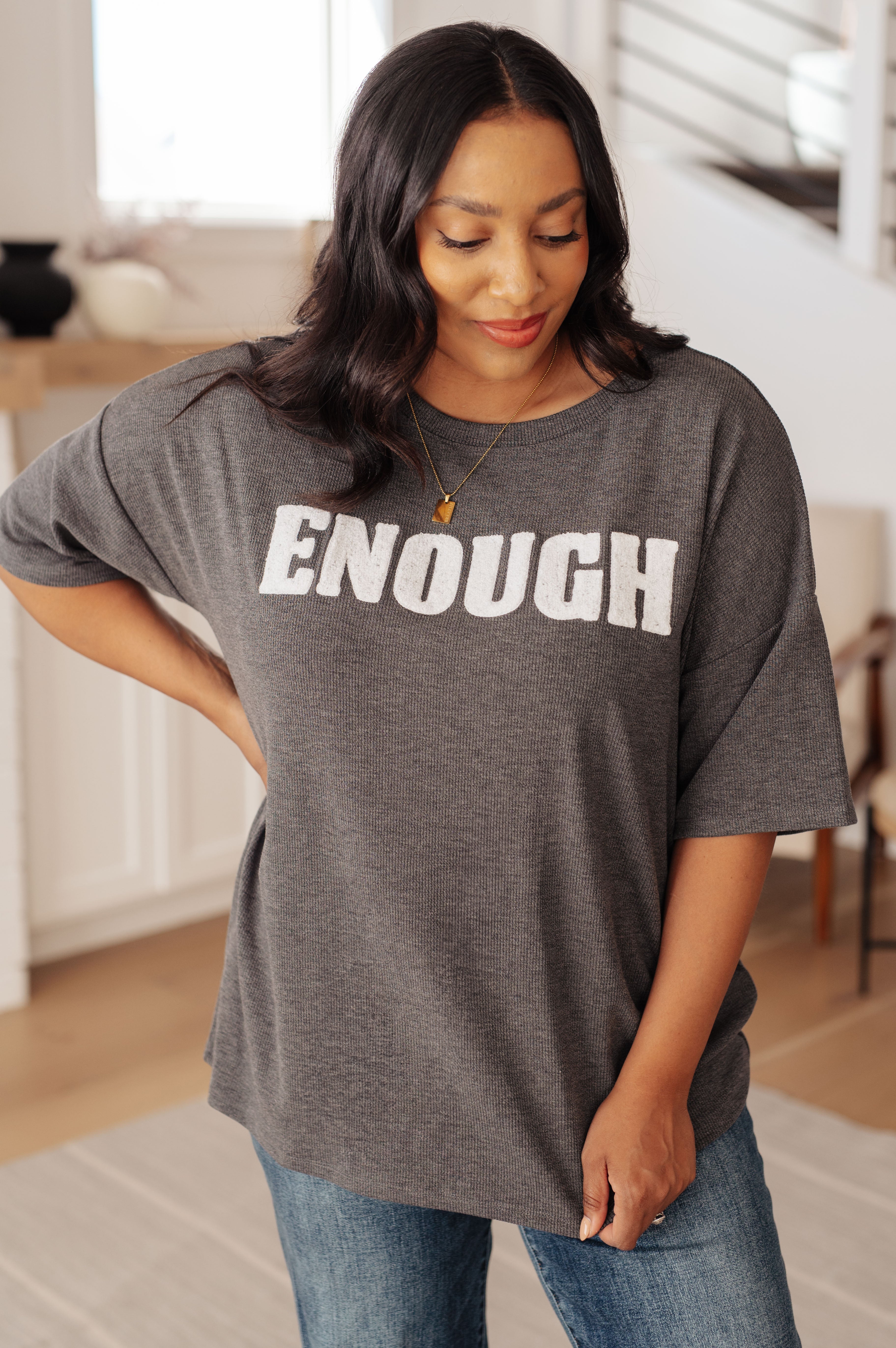 Always Enough Graphic Tee in Charcoal-Tops-Stay Foxy Boutique, Florissant, Missouri