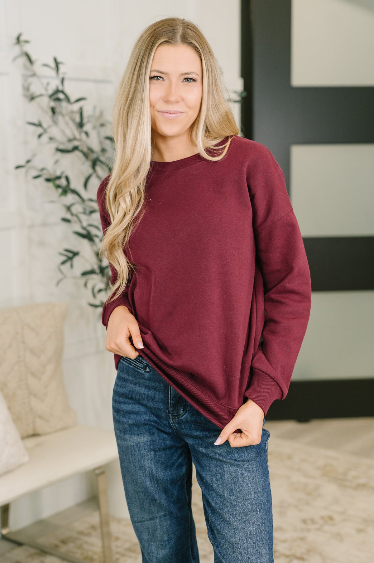 Always True Drop Shoulder Pullover in Dark Burgundy-Womens-Stay Foxy Boutique, Florissant, Missouri
