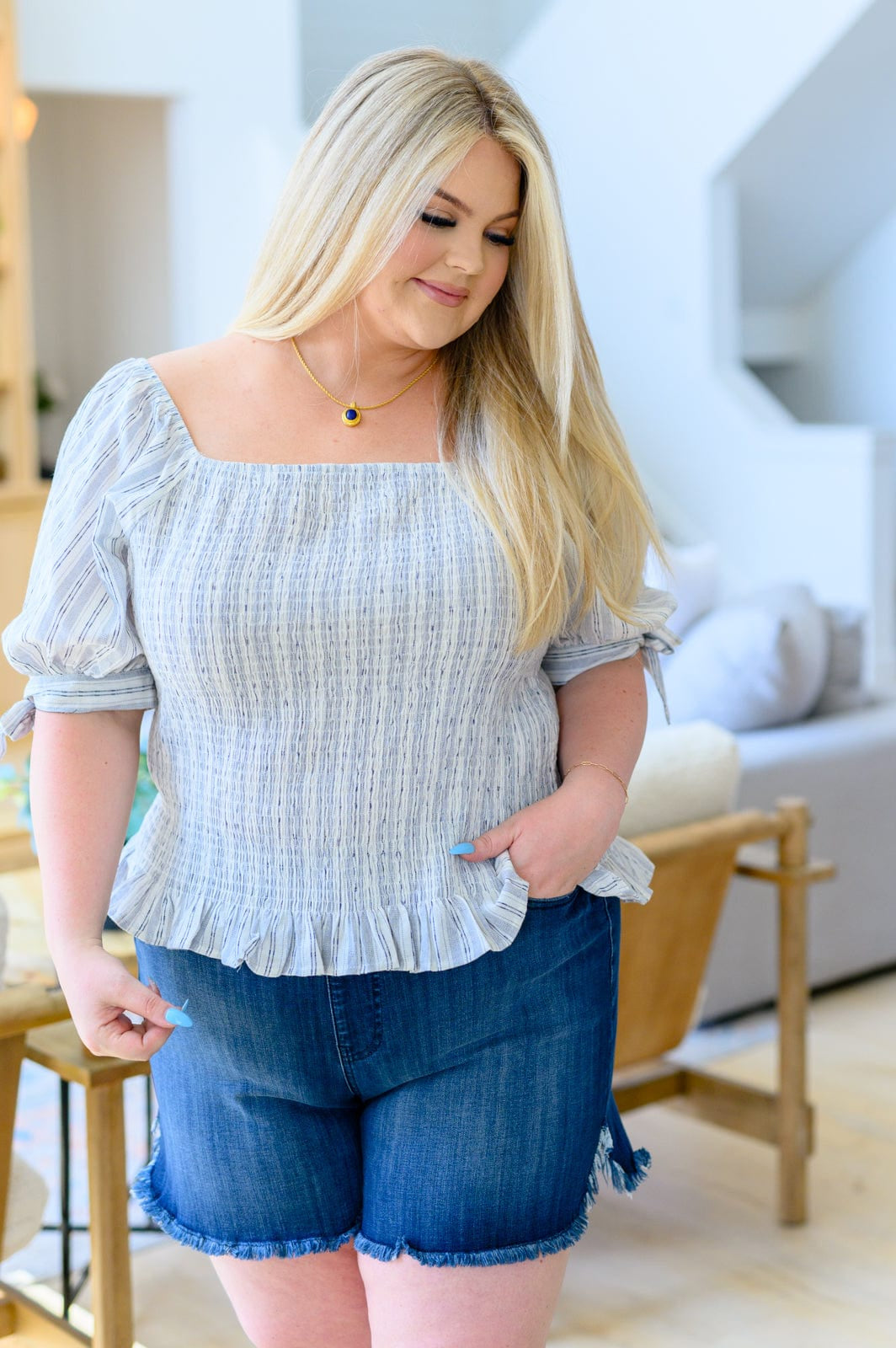 Anticipating More Smocked Blouse-Tops-Stay Foxy Boutique, Florissant, Missouri