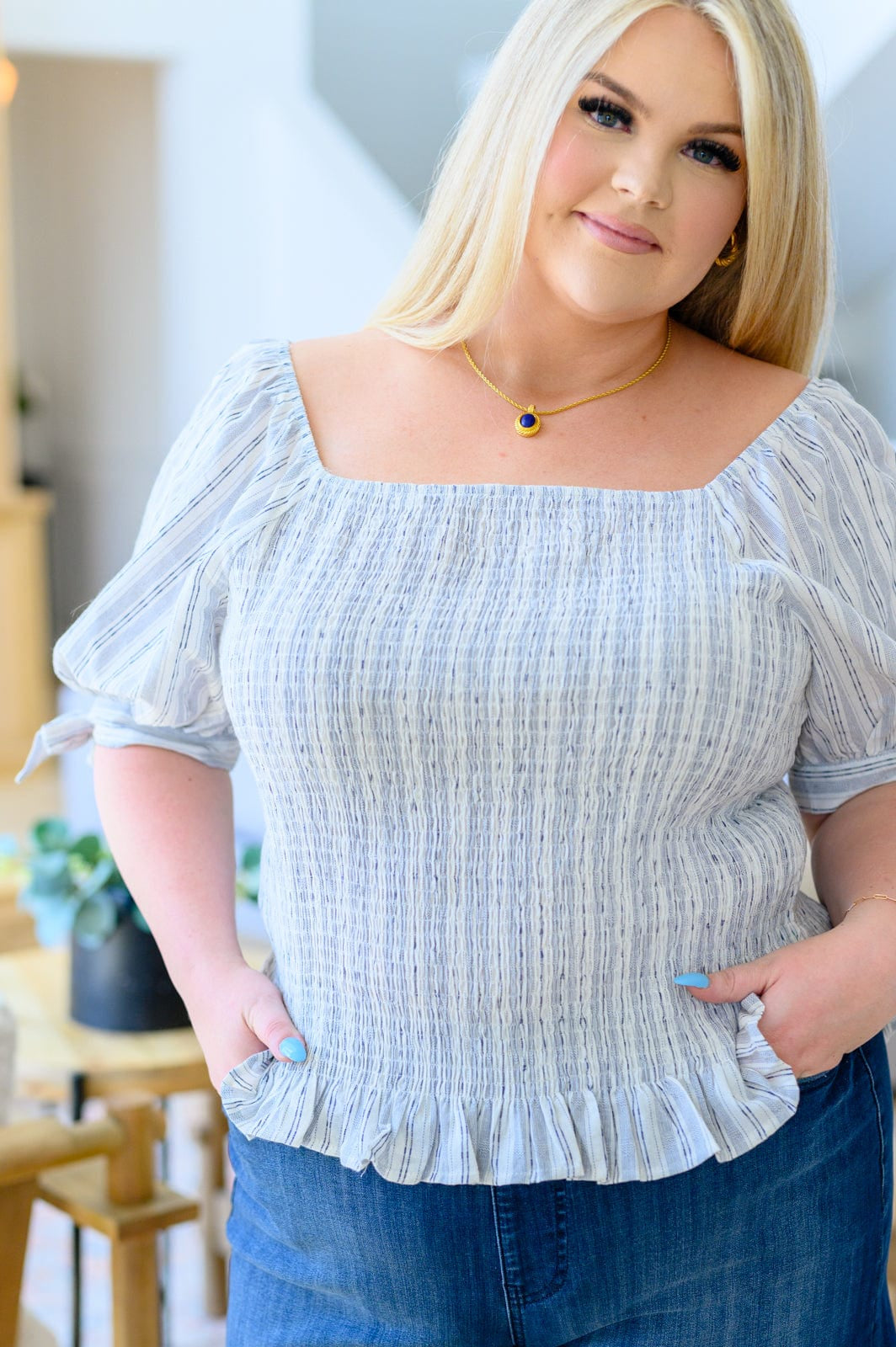 Anticipating More Smocked Blouse-Tops-Stay Foxy Boutique, Florissant, Missouri
