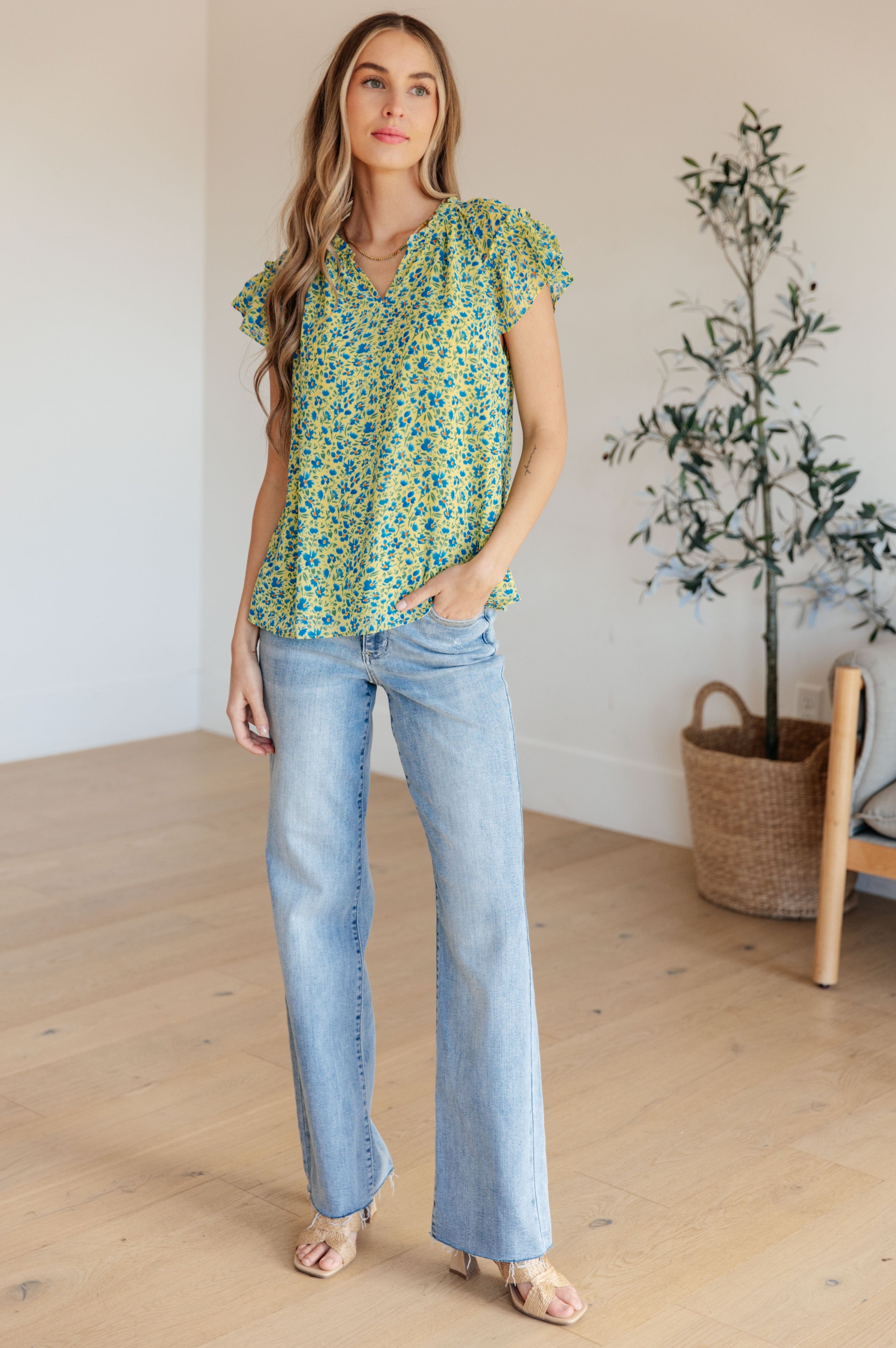 Anywhere We Go Flutter Sleeve Top in Blue Combo-Womens-Stay Foxy Boutique, Florissant, Missouri
