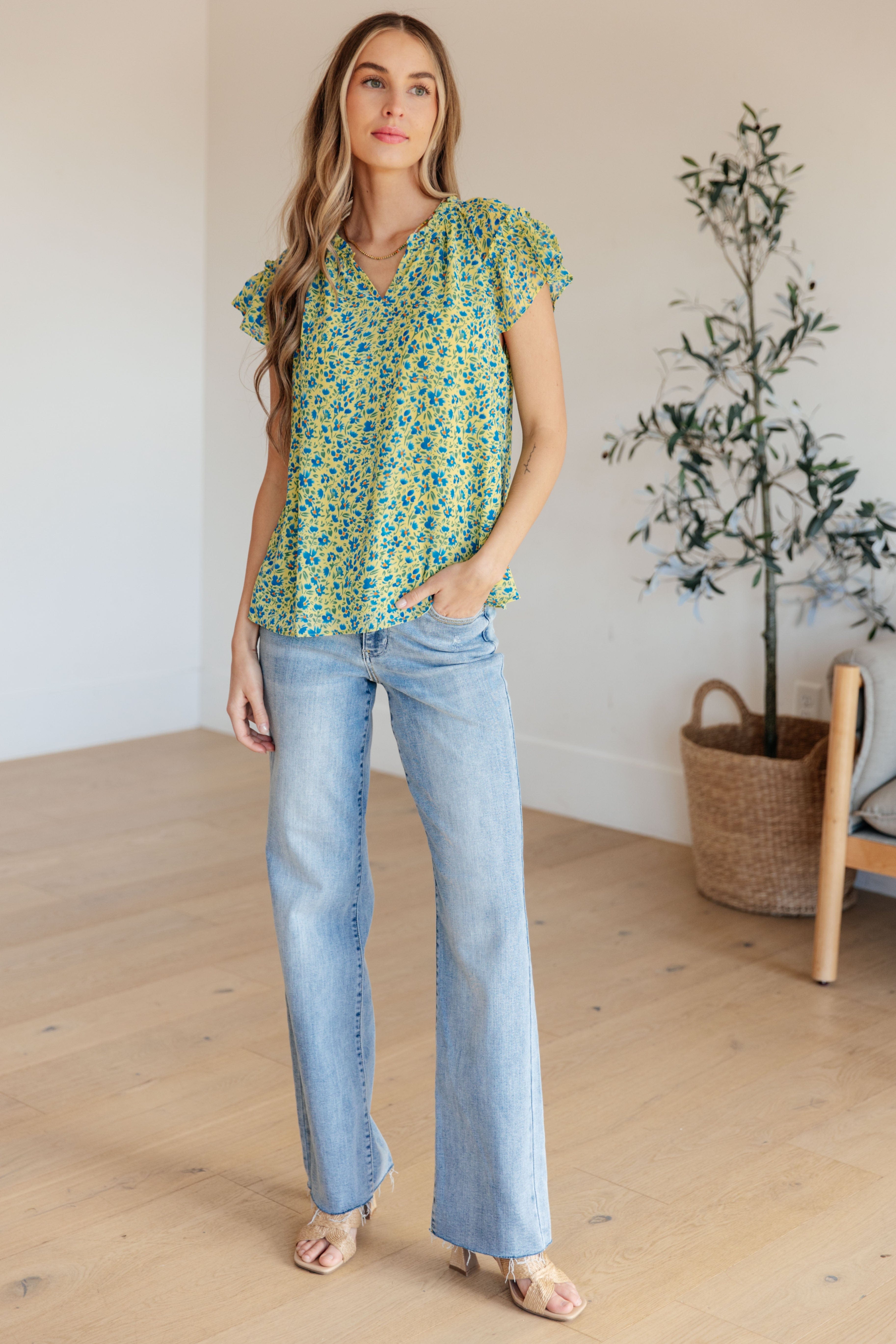 Anywhere We Go Flutter Sleeve Top in Blue Combo-Womens-Stay Foxy Boutique, Florissant, Missouri