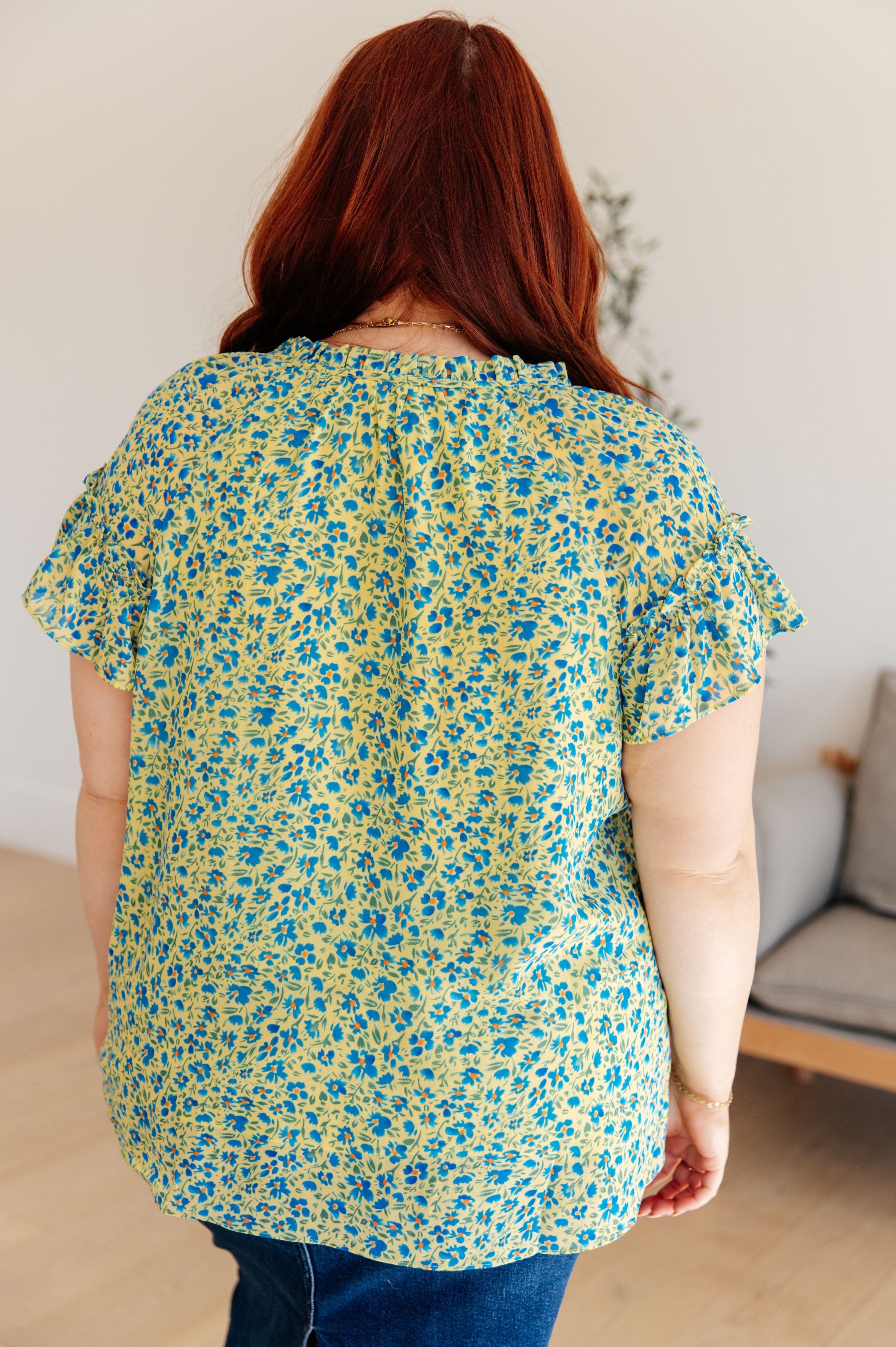 Anywhere We Go Flutter Sleeve Top in Blue Combo-Womens-Stay Foxy Boutique, Florissant, Missouri