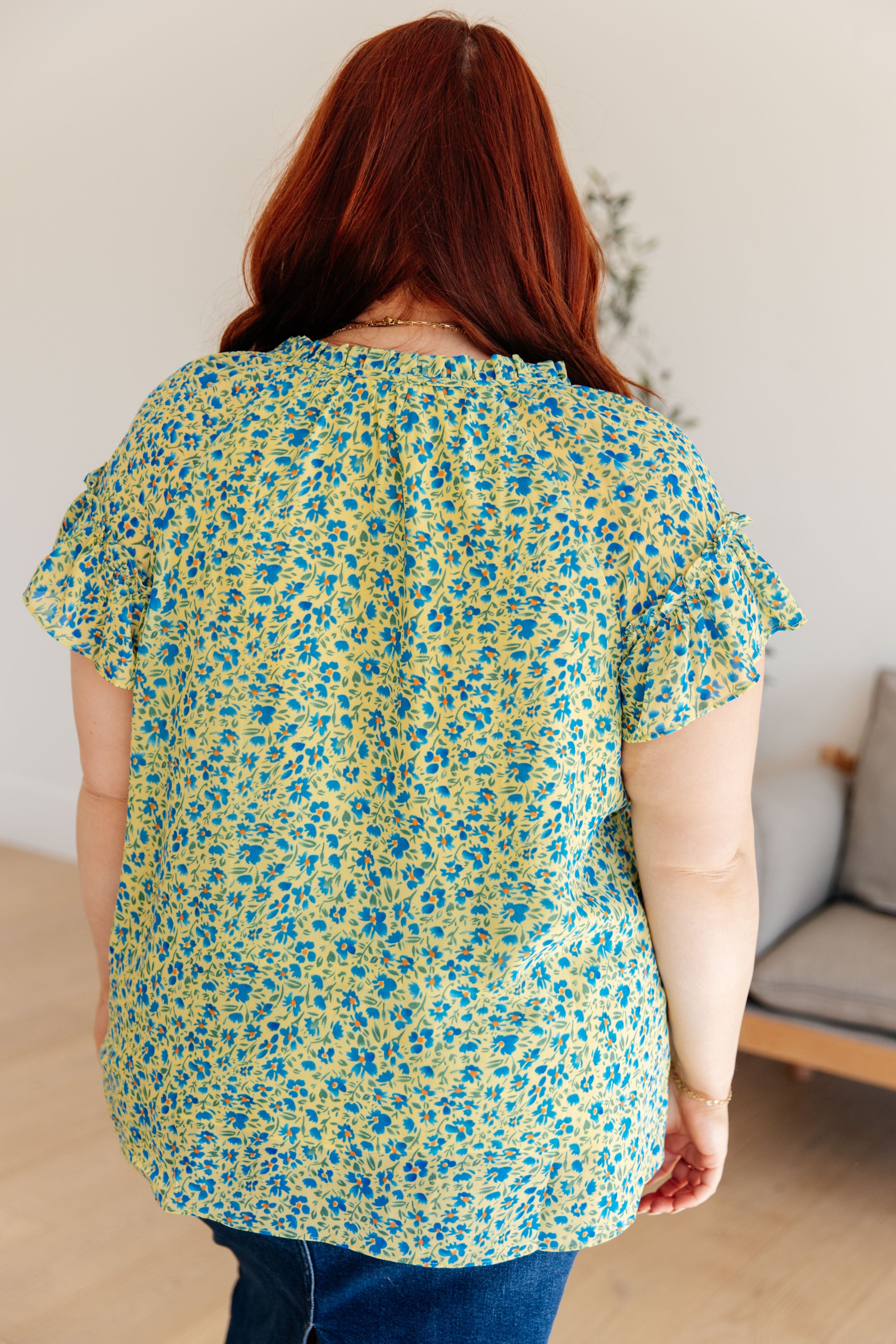 Anywhere We Go Flutter Sleeve Top in Blue Combo-Womens-Stay Foxy Boutique, Florissant, Missouri
