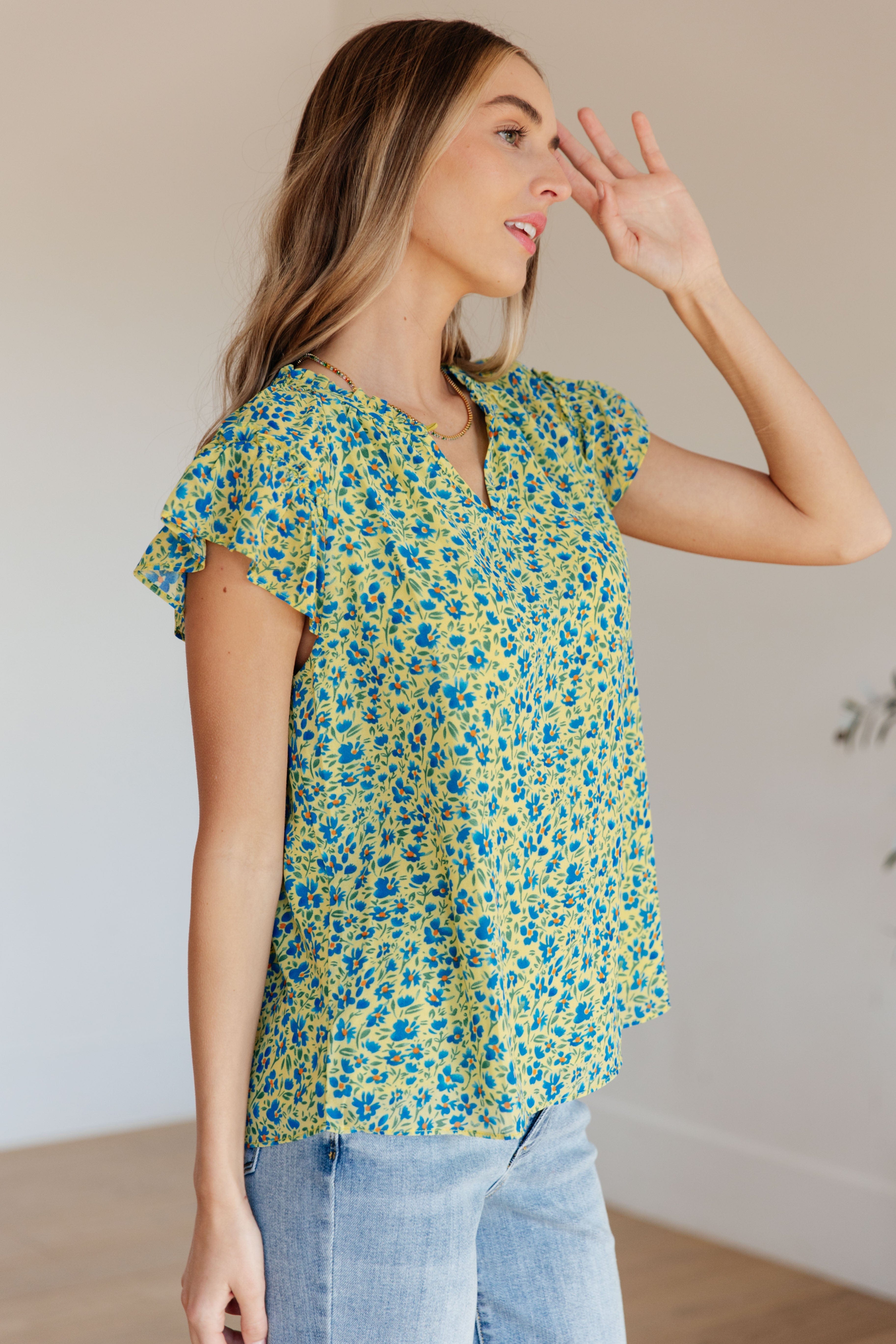 Anywhere We Go Flutter Sleeve Top in Blue Combo-Womens-Stay Foxy Boutique, Florissant, Missouri