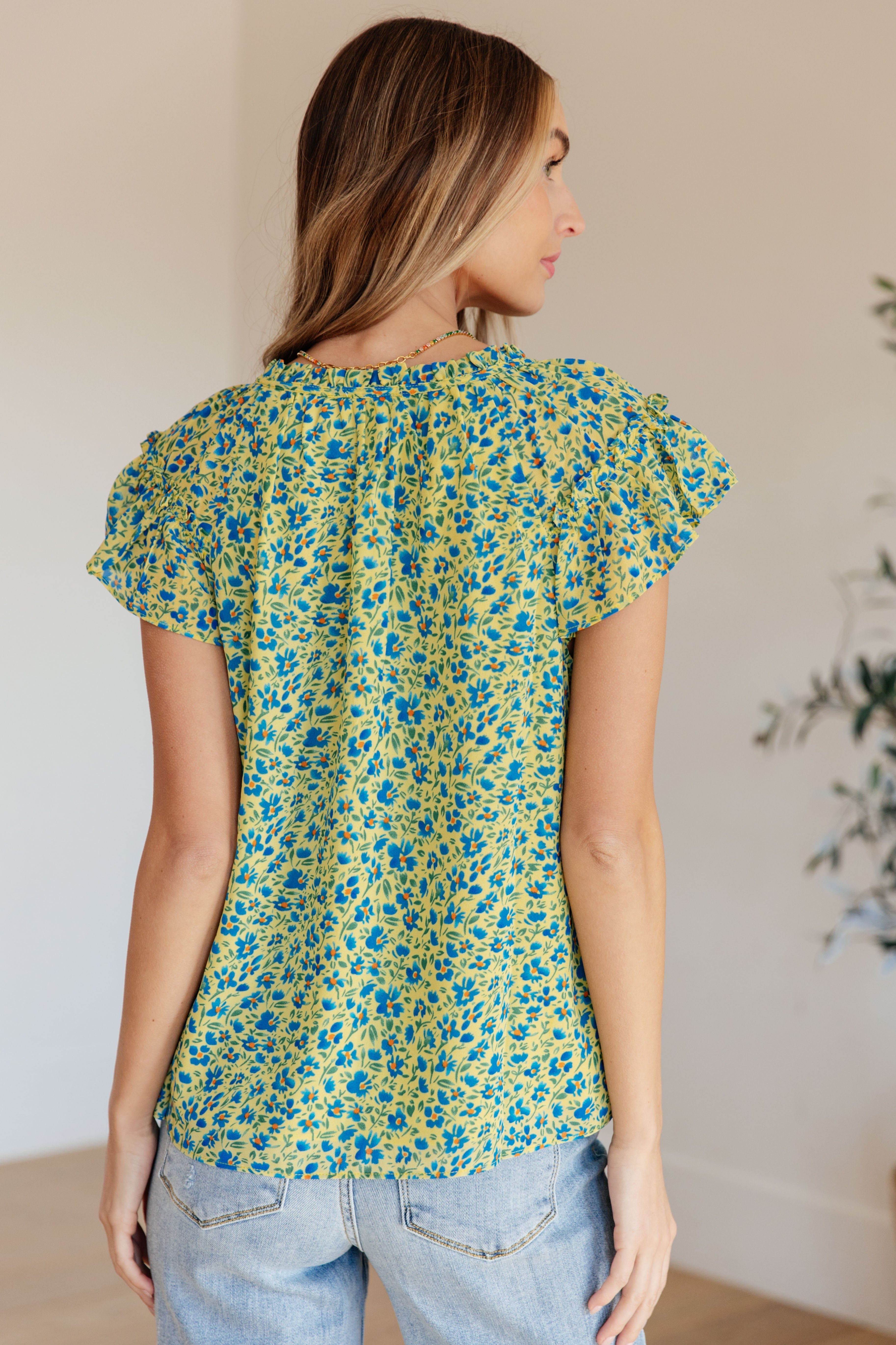 Anywhere We Go Flutter Sleeve Top in Blue Combo-Womens-Stay Foxy Boutique, Florissant, Missouri