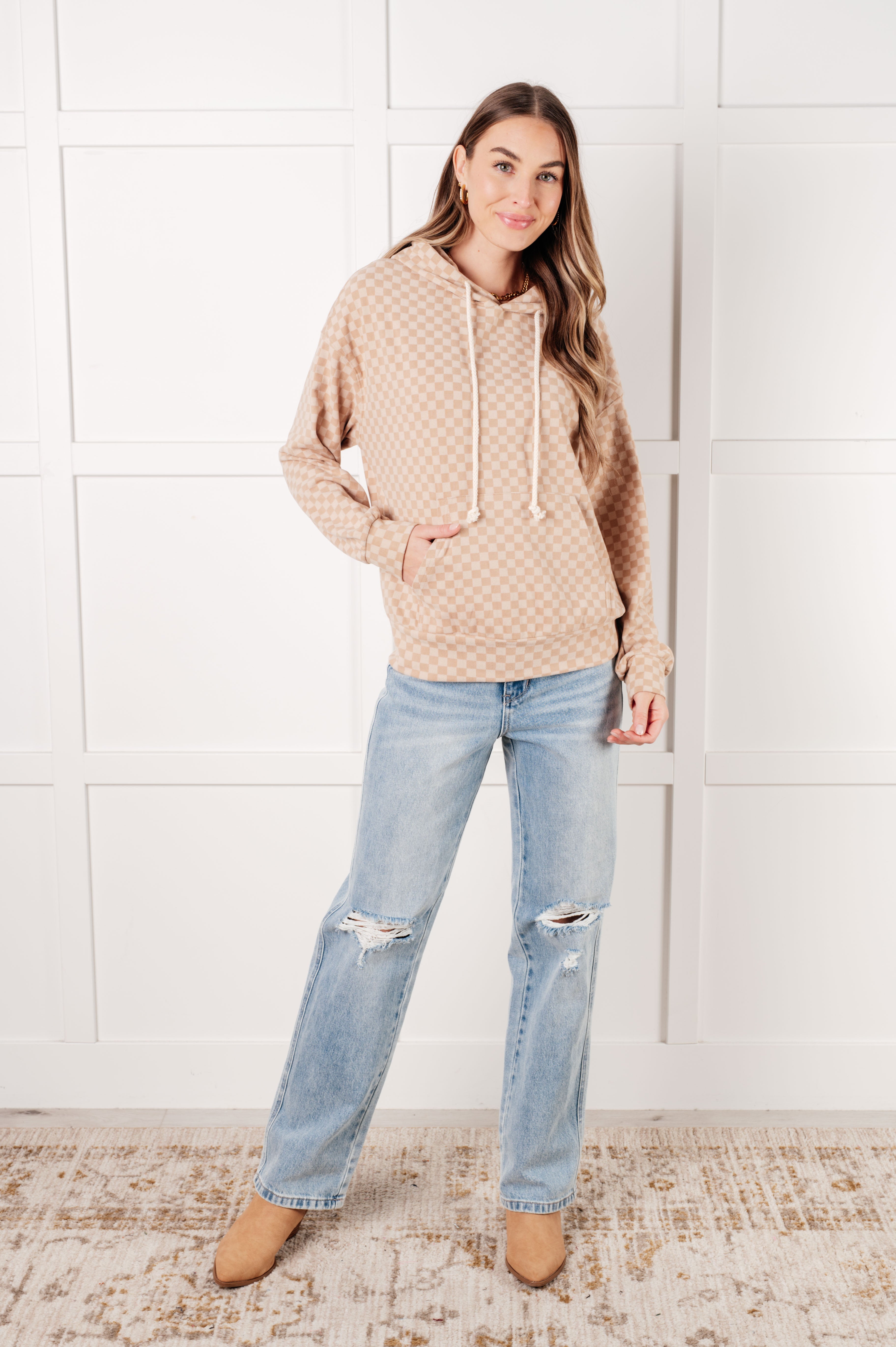 Ask Me Out Checkered Hoodie in Khaki-Tops-Stay Foxy Boutique, Florissant, Missouri