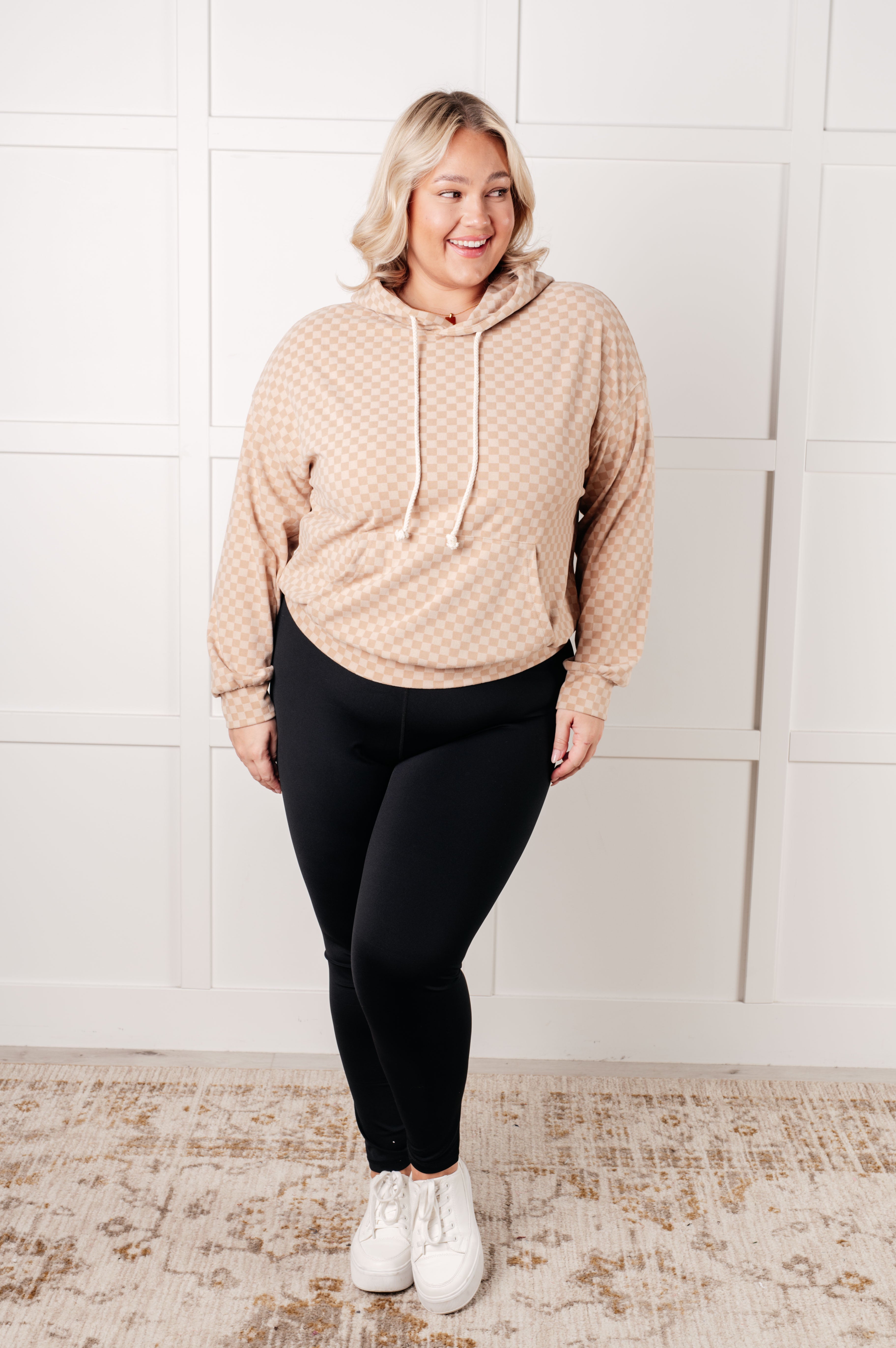 Ask Me Out Checkered Hoodie in Khaki-Tops-Stay Foxy Boutique, Florissant, Missouri