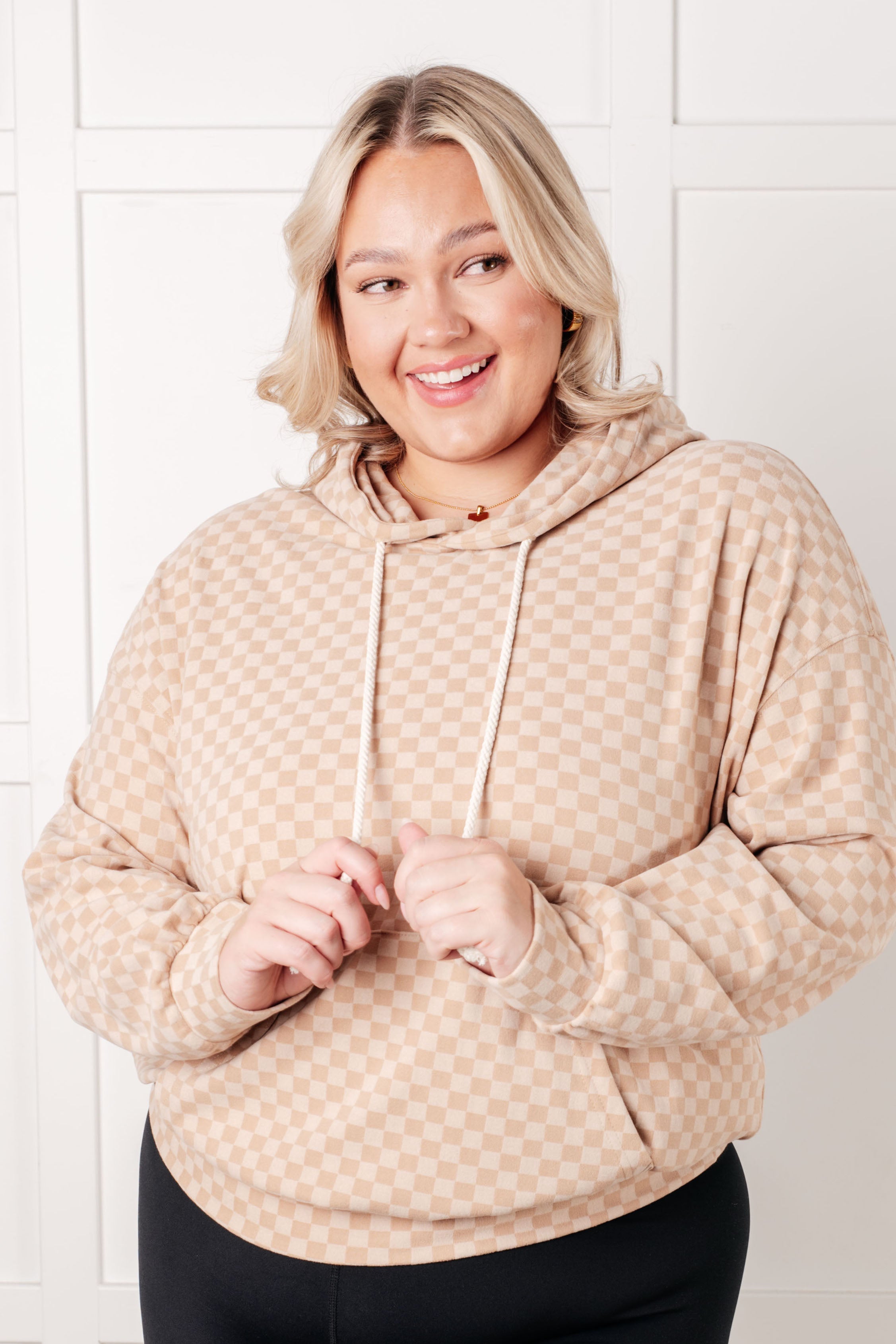 Ask Me Out Checkered Hoodie in Khaki-Tops-Stay Foxy Boutique, Florissant, Missouri