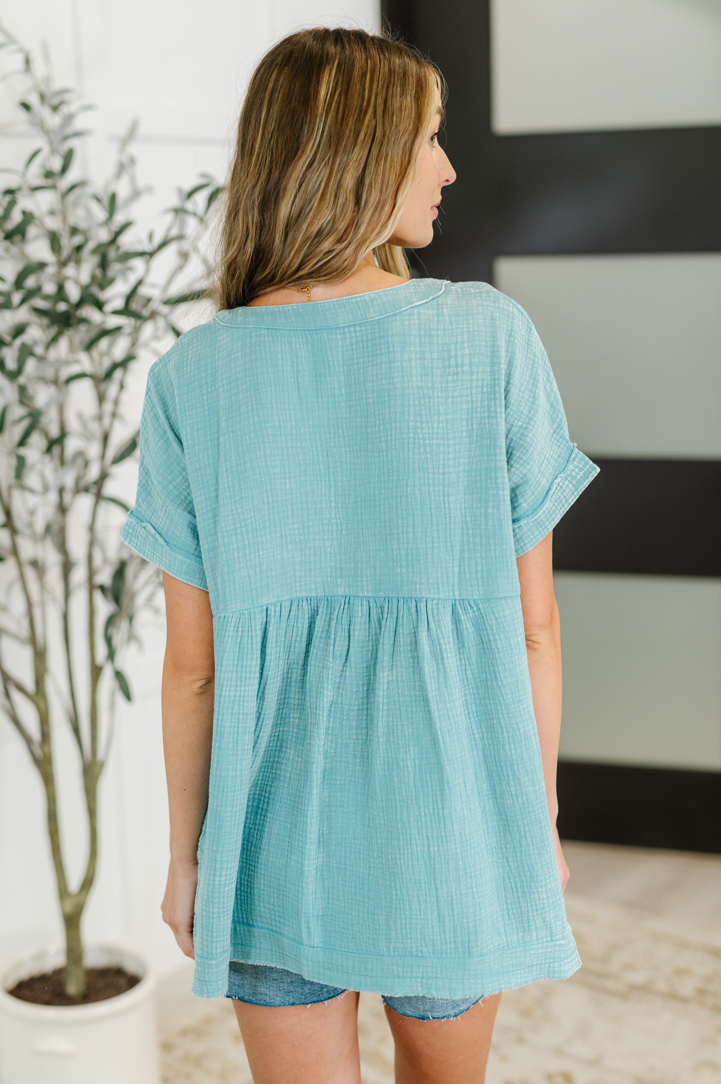 Basic Fade V-Neck Acid Wash Top in Dusty Teal-Womens-Stay Foxy Boutique, Florissant, Missouri