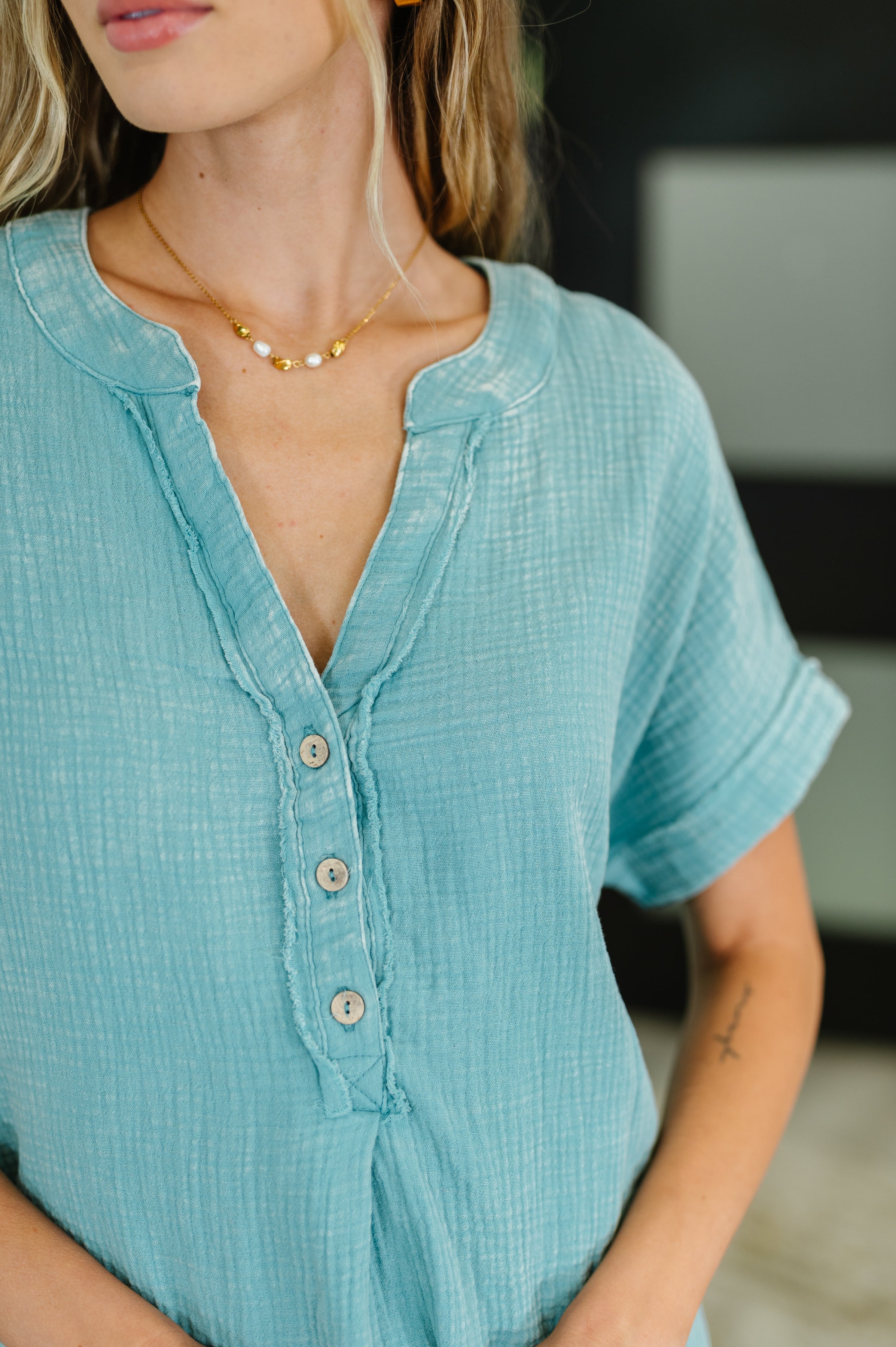 Basic Fade V-Neck Acid Wash Top in Dusty Teal-Womens-Stay Foxy Boutique, Florissant, Missouri