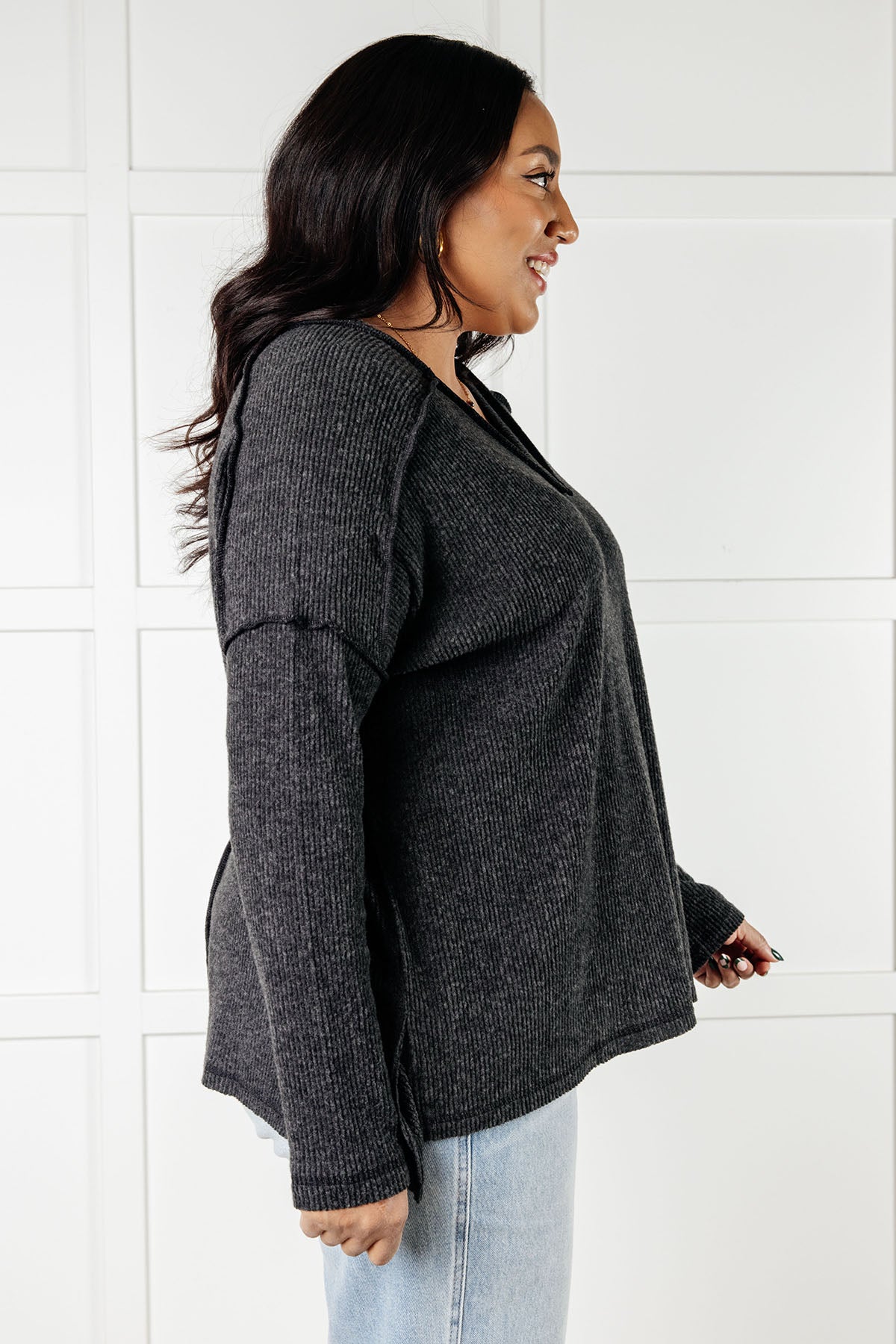 Basically Freezing Brushed Hacci Top in Black-Tops-Stay Foxy Boutique, Florissant, Missouri