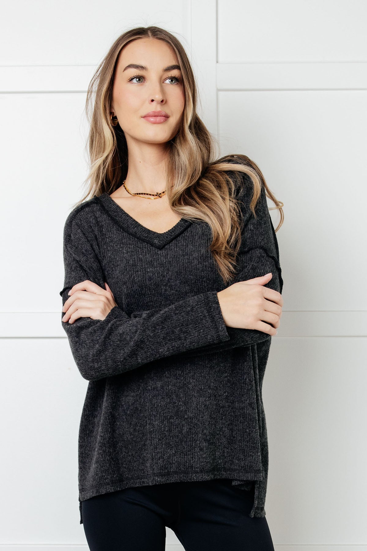 Basically Freezing Brushed Hacci Top in Black-Tops-Stay Foxy Boutique, Florissant, Missouri
