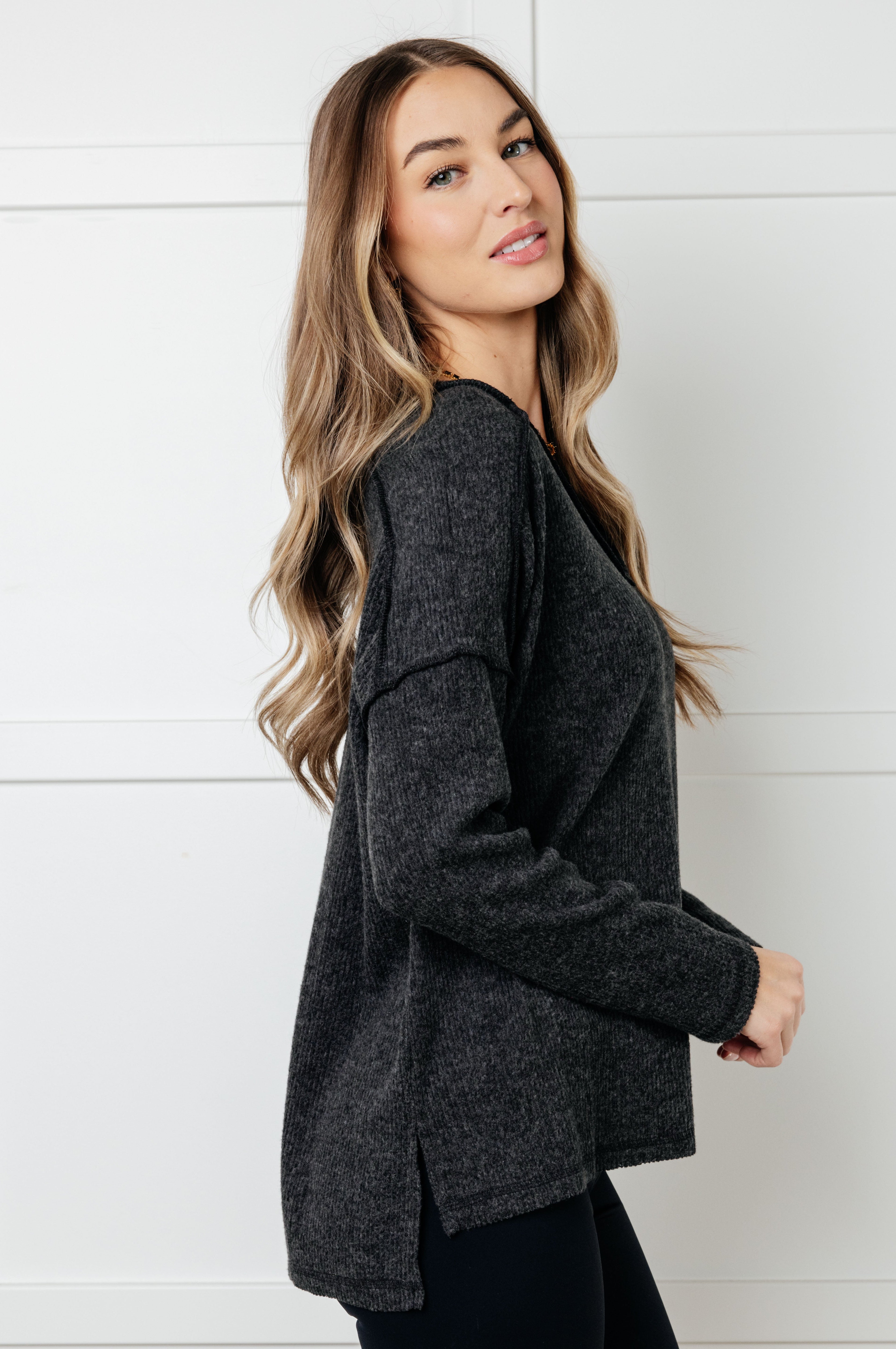 Basically Freezing Brushed Hacci Top in Black-Tops-Stay Foxy Boutique, Florissant, Missouri