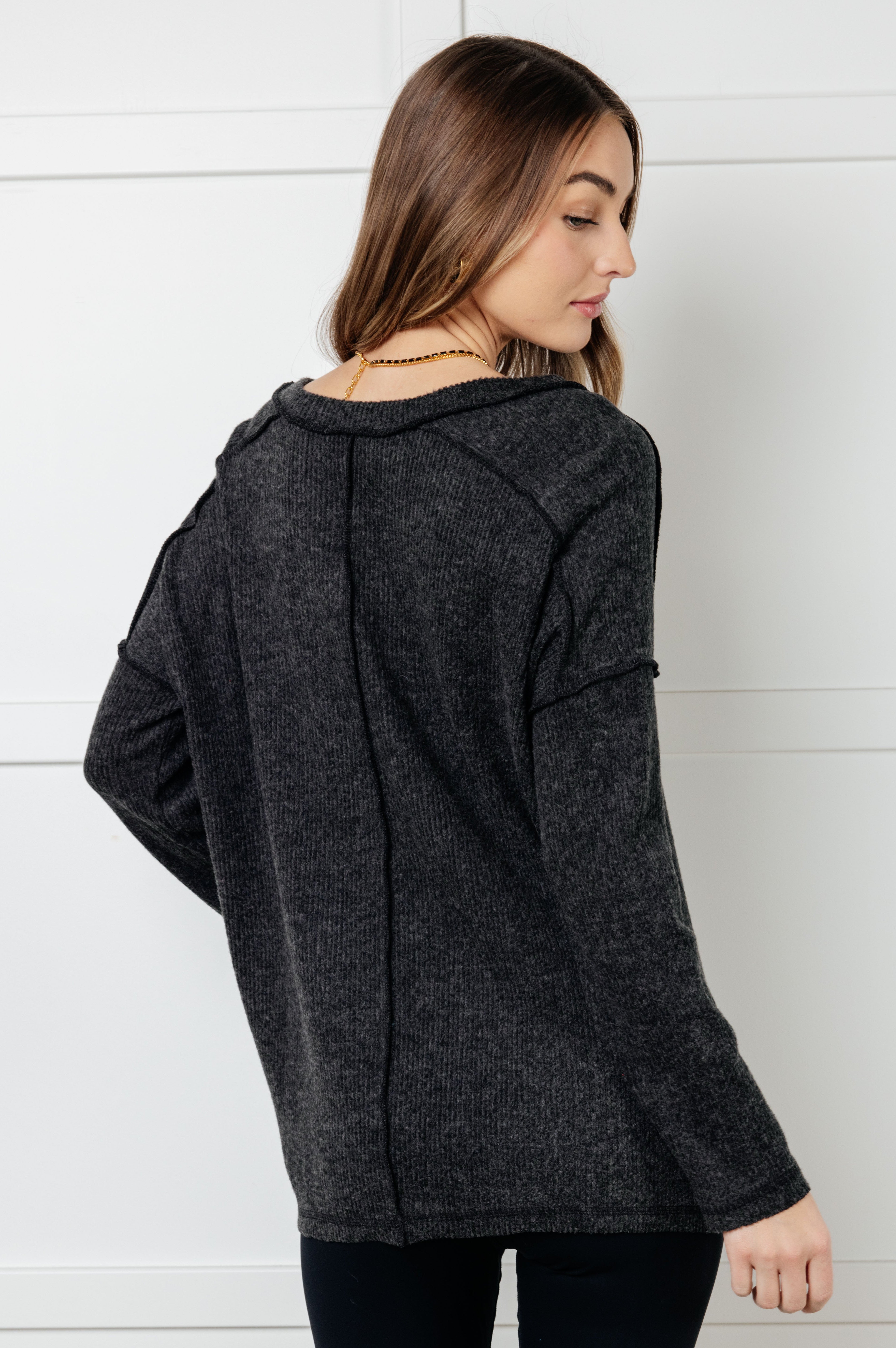 Basically Freezing Brushed Hacci Top in Black-Tops-Stay Foxy Boutique, Florissant, Missouri
