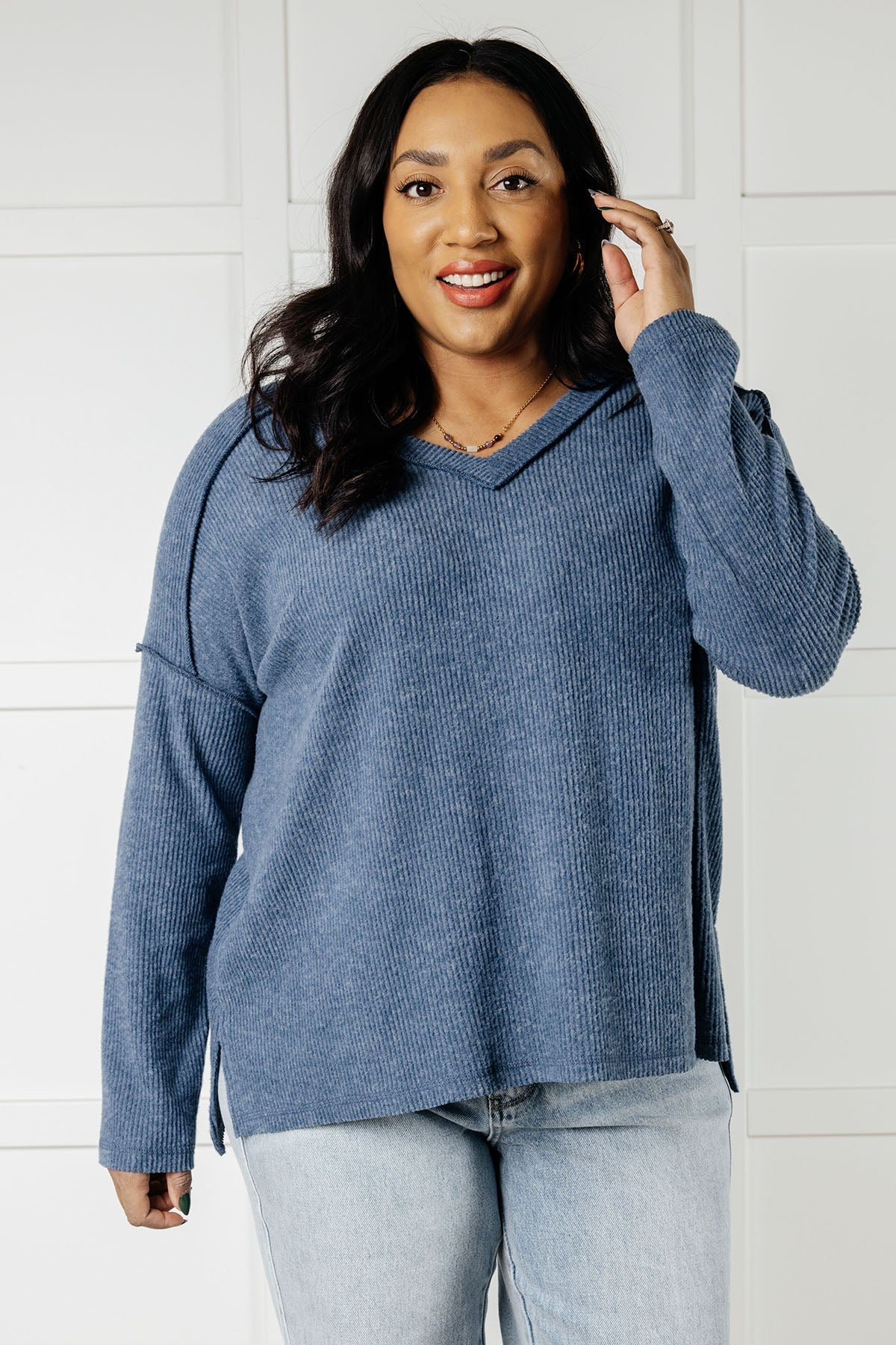 Basically Freezing Brushed Hacci Top in Dusty Blue-Tops-Stay Foxy Boutique, Florissant, Missouri