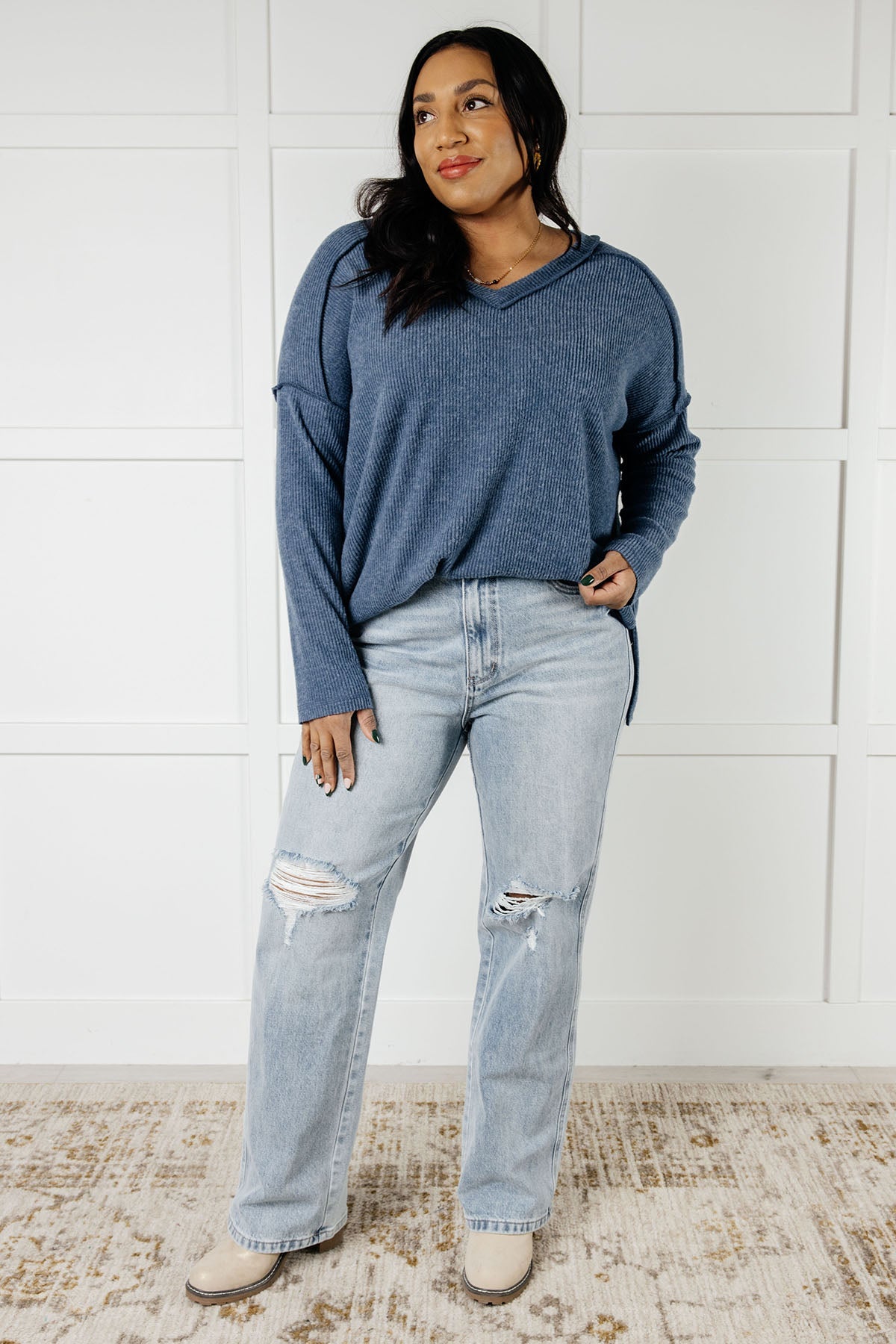 Basically Freezing Brushed Hacci Top in Dusty Blue-Tops-Stay Foxy Boutique, Florissant, Missouri