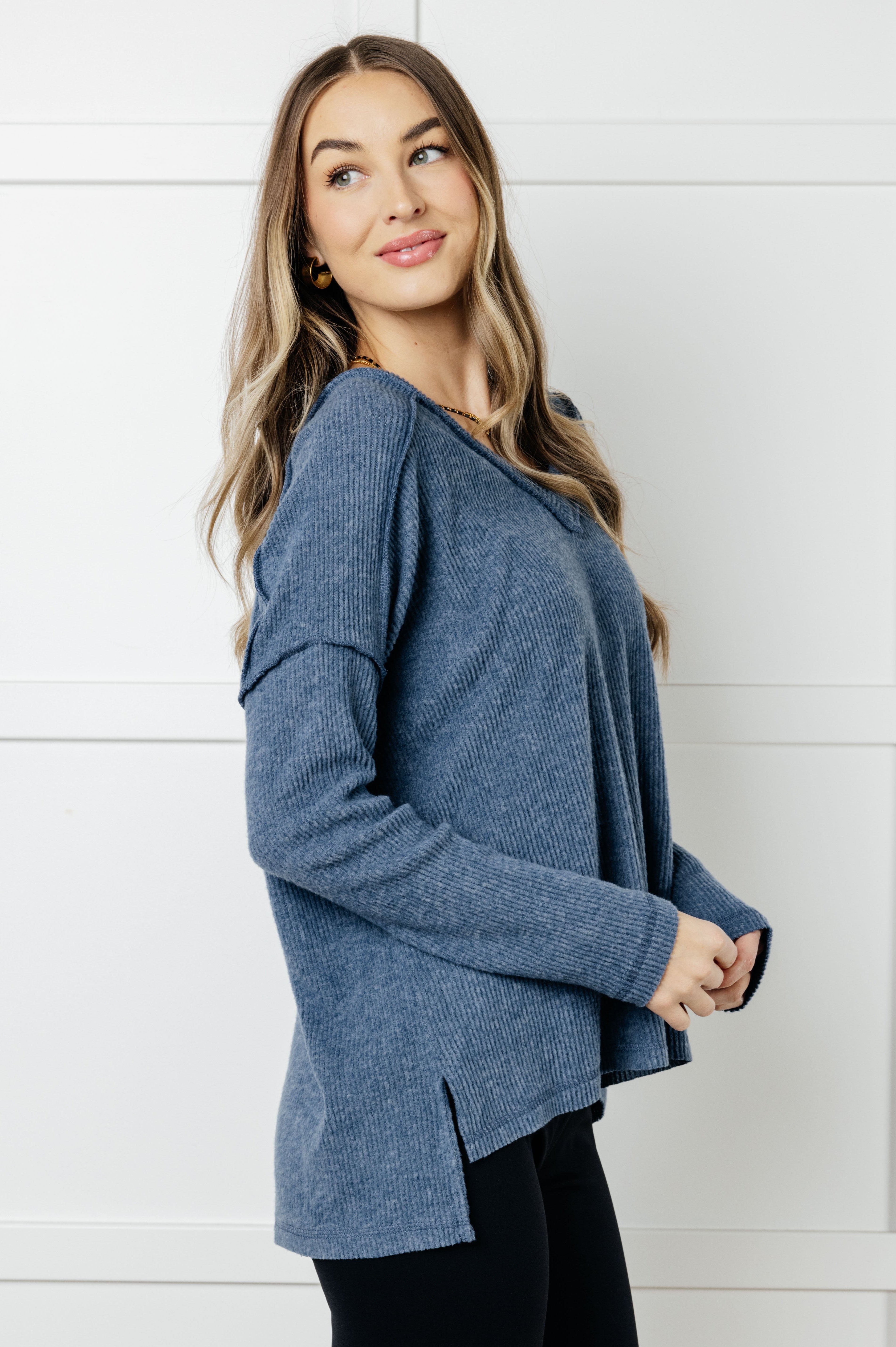 Basically Freezing Brushed Hacci Top in Dusty Blue-Tops-Stay Foxy Boutique, Florissant, Missouri