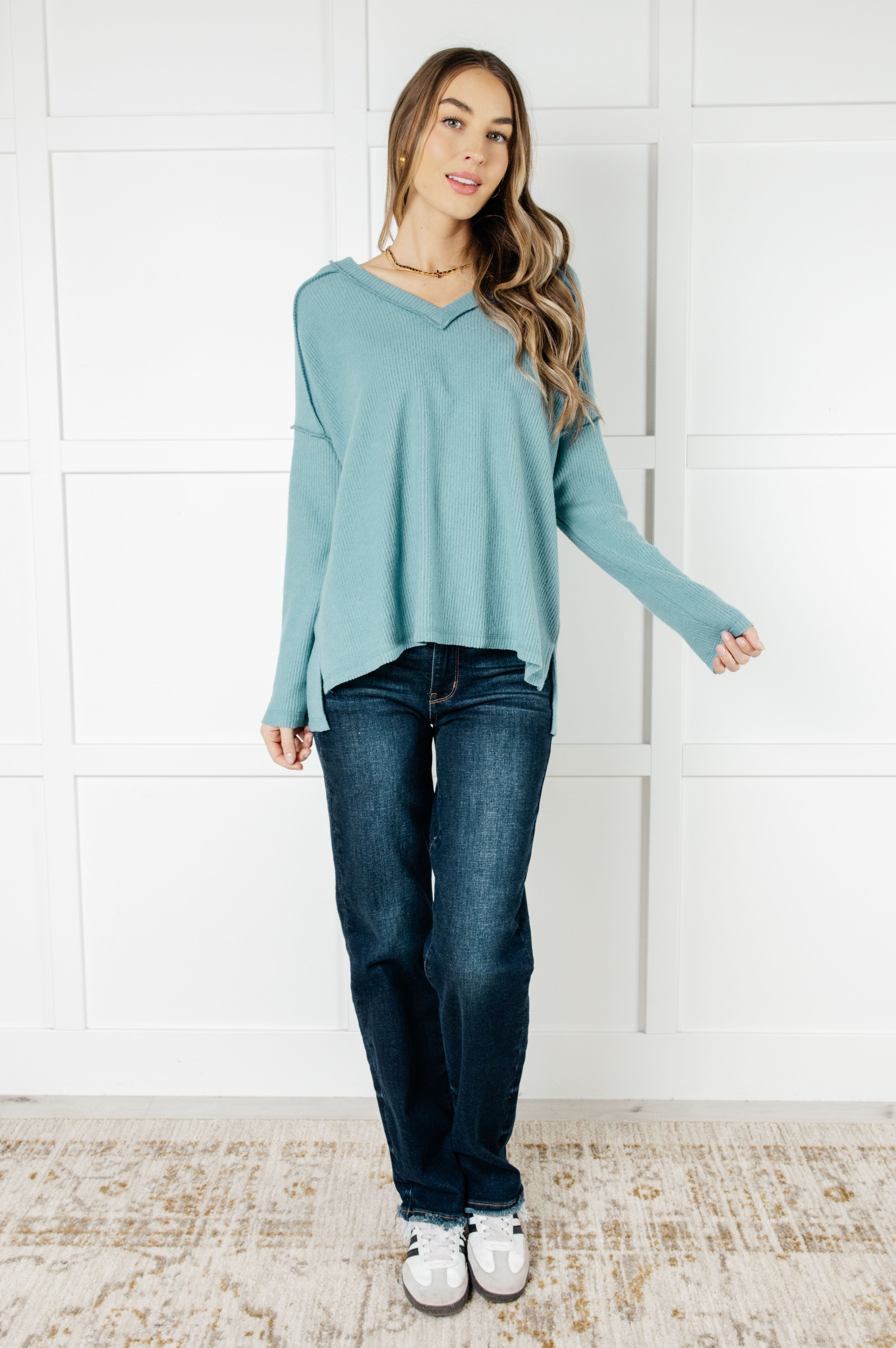Basically Freezing Brushed Hacci Top in Dusty Teal-Tops-Stay Foxy Boutique, Florissant, Missouri