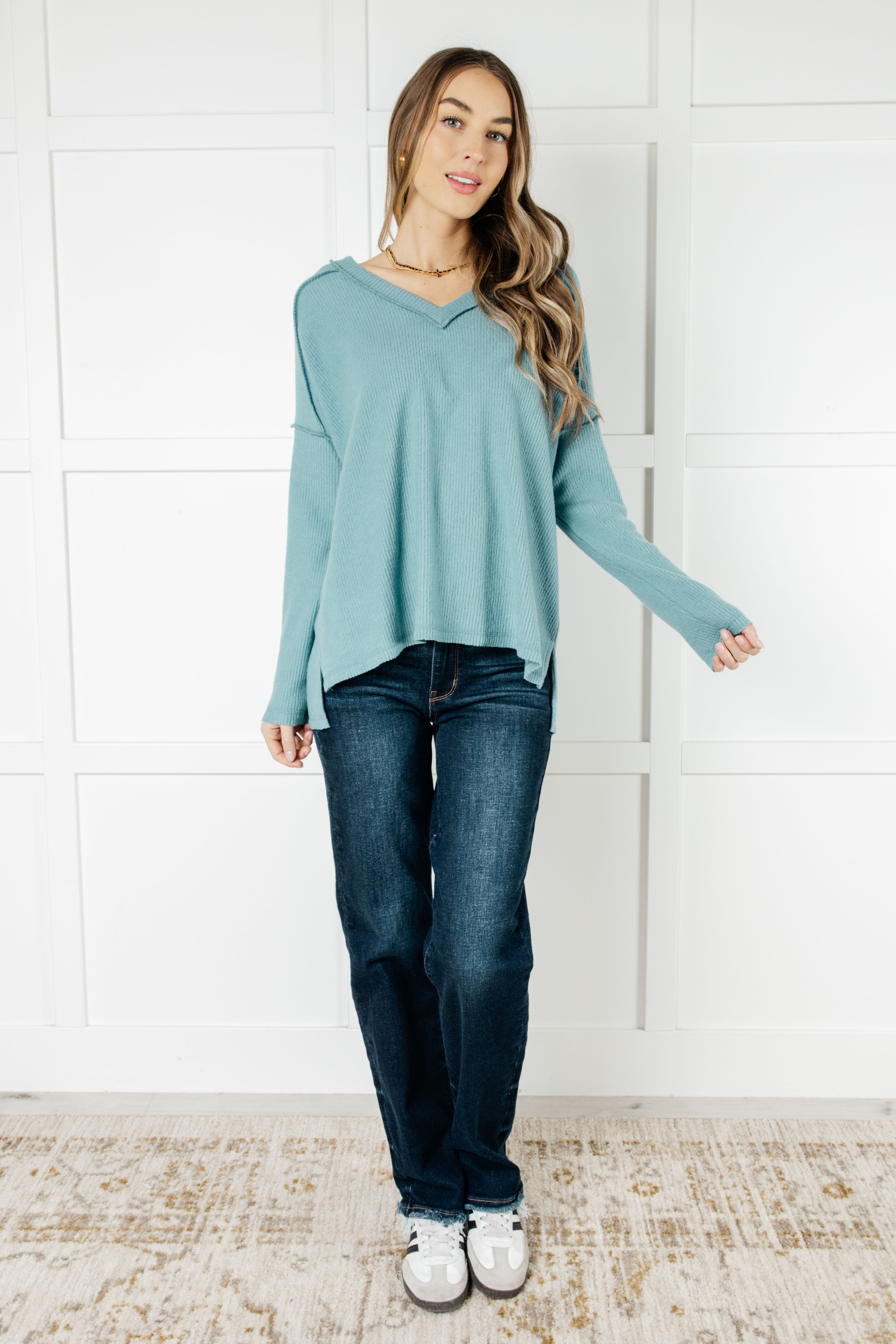 Basically Freezing Brushed Hacci Top in Dusty Teal-Tops-Stay Foxy Boutique, Florissant, Missouri