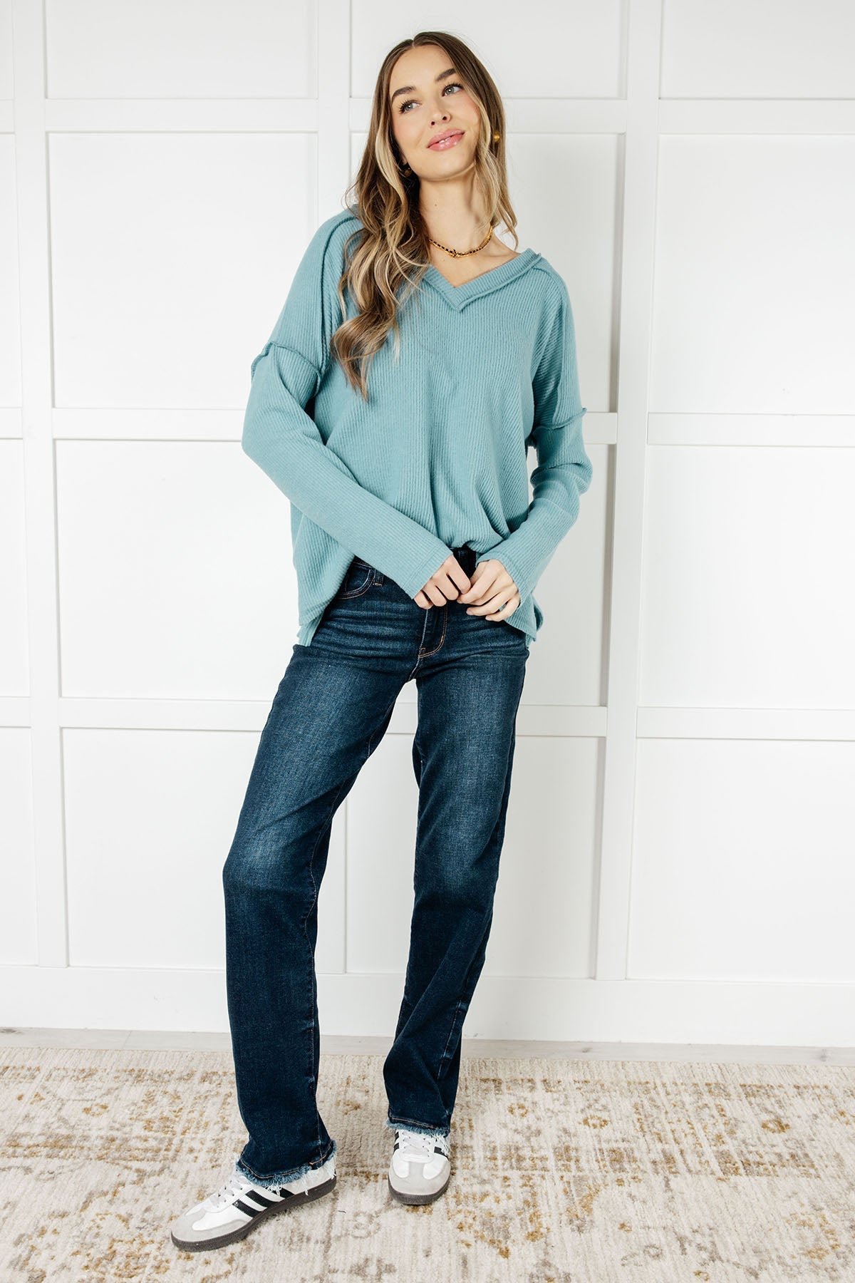 Basically Freezing Brushed Hacci Top in Dusty Teal-Tops-Stay Foxy Boutique, Florissant, Missouri