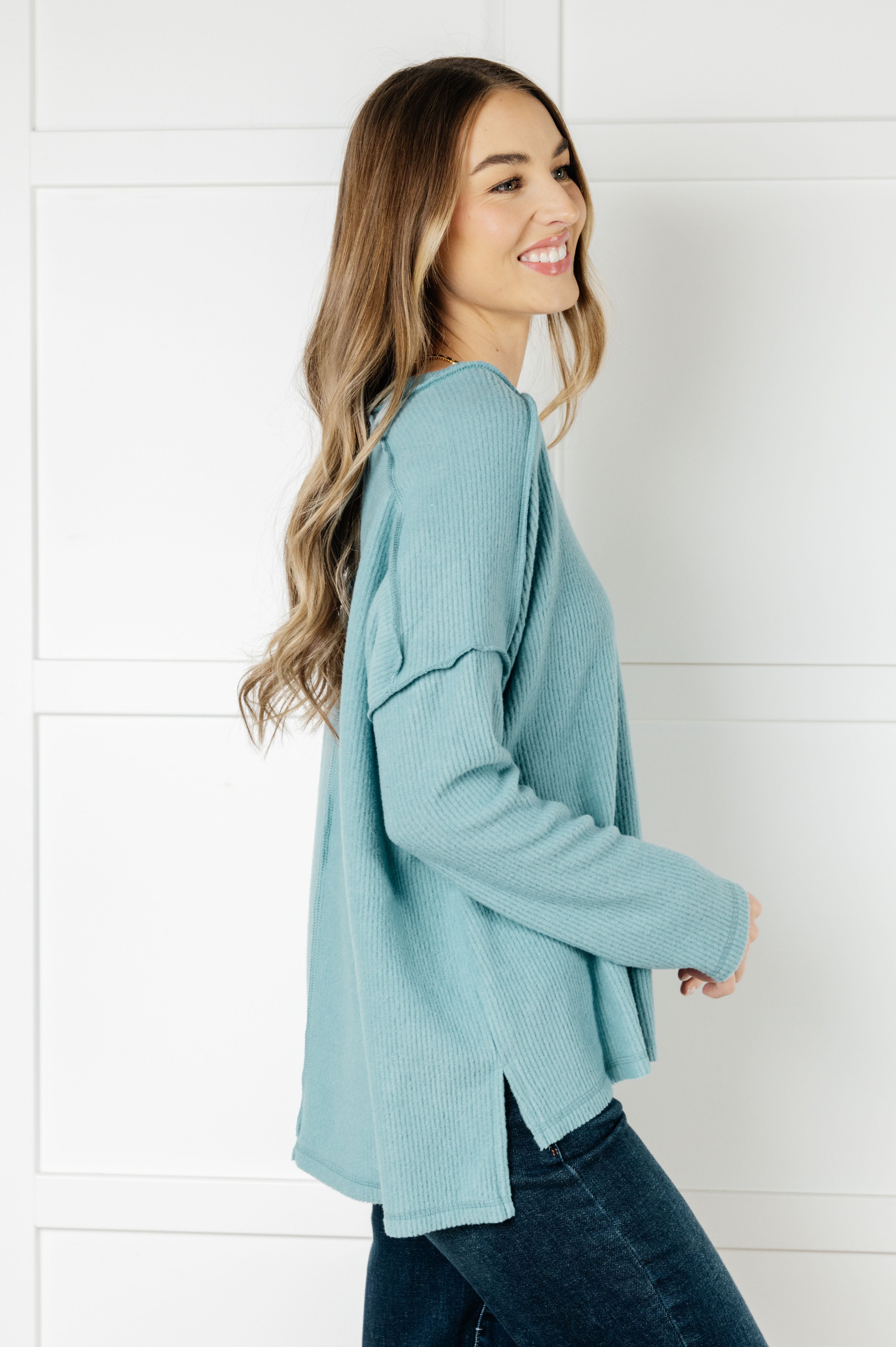 Basically Freezing Brushed Hacci Top in Dusty Teal-Tops-Stay Foxy Boutique, Florissant, Missouri