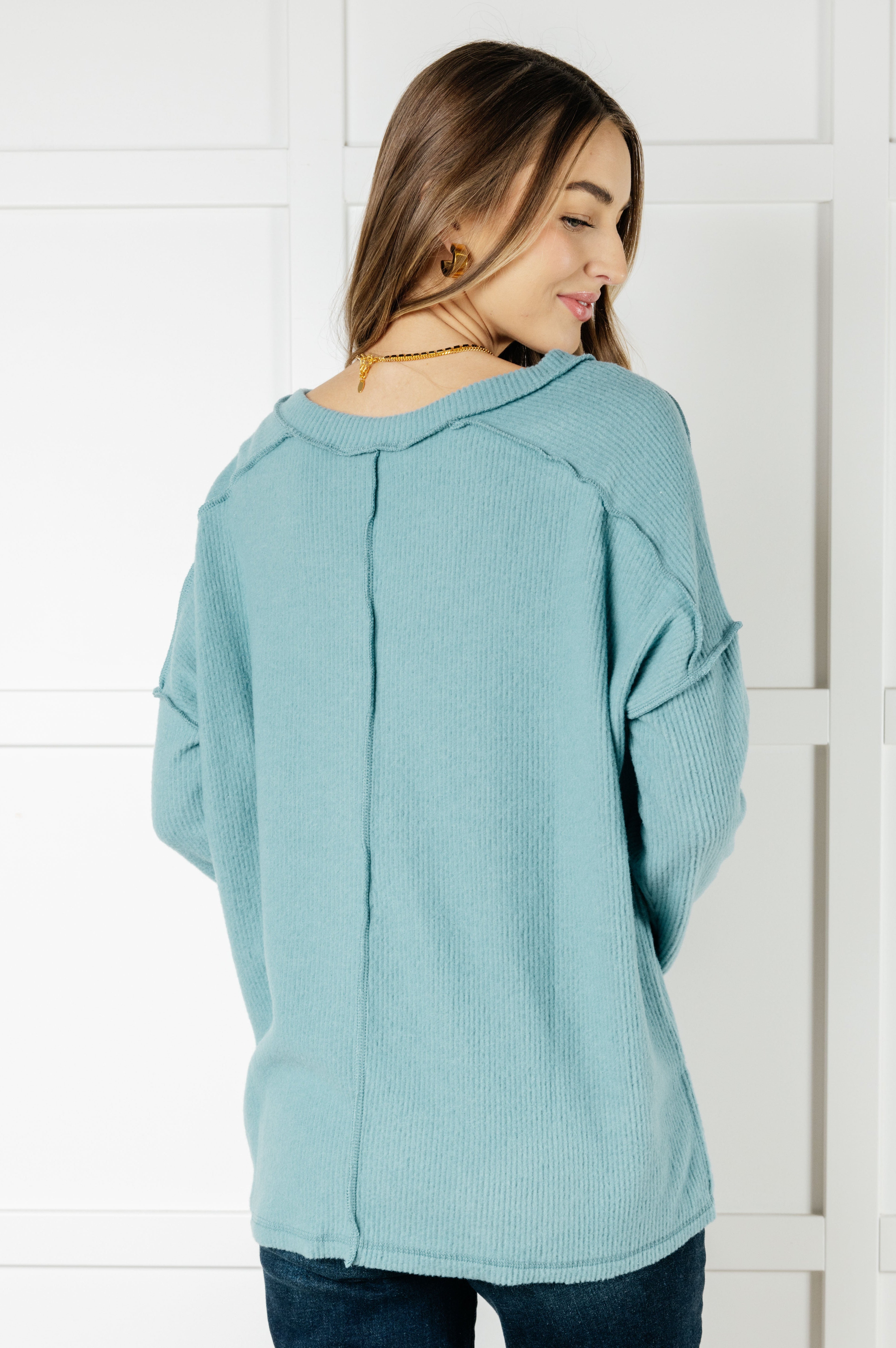 Basically Freezing Brushed Hacci Top in Dusty Teal-Tops-Stay Foxy Boutique, Florissant, Missouri