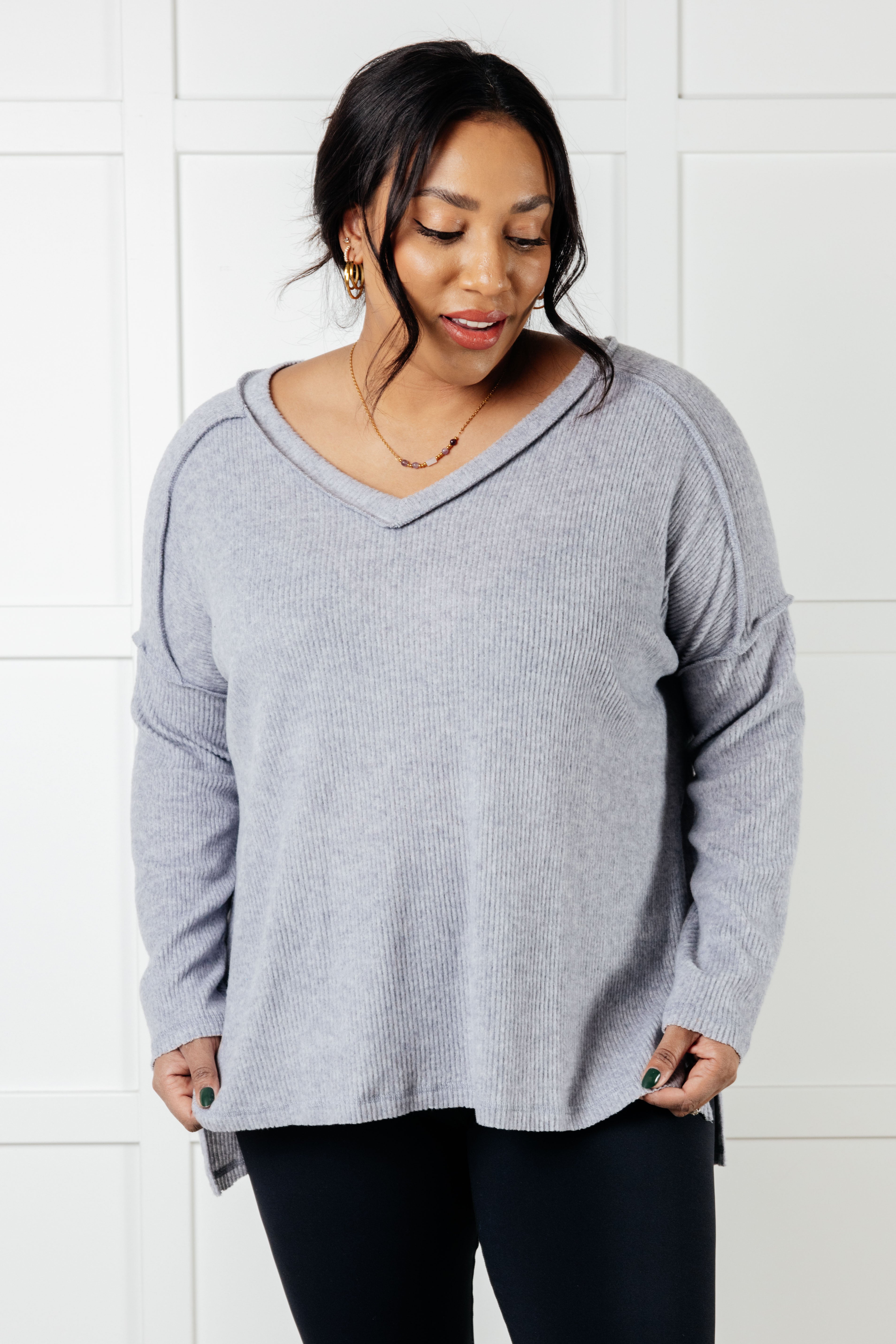Basically Freezing Brushed Hacci Top in Heather Grey-Tops-Stay Foxy Boutique, Florissant, Missouri