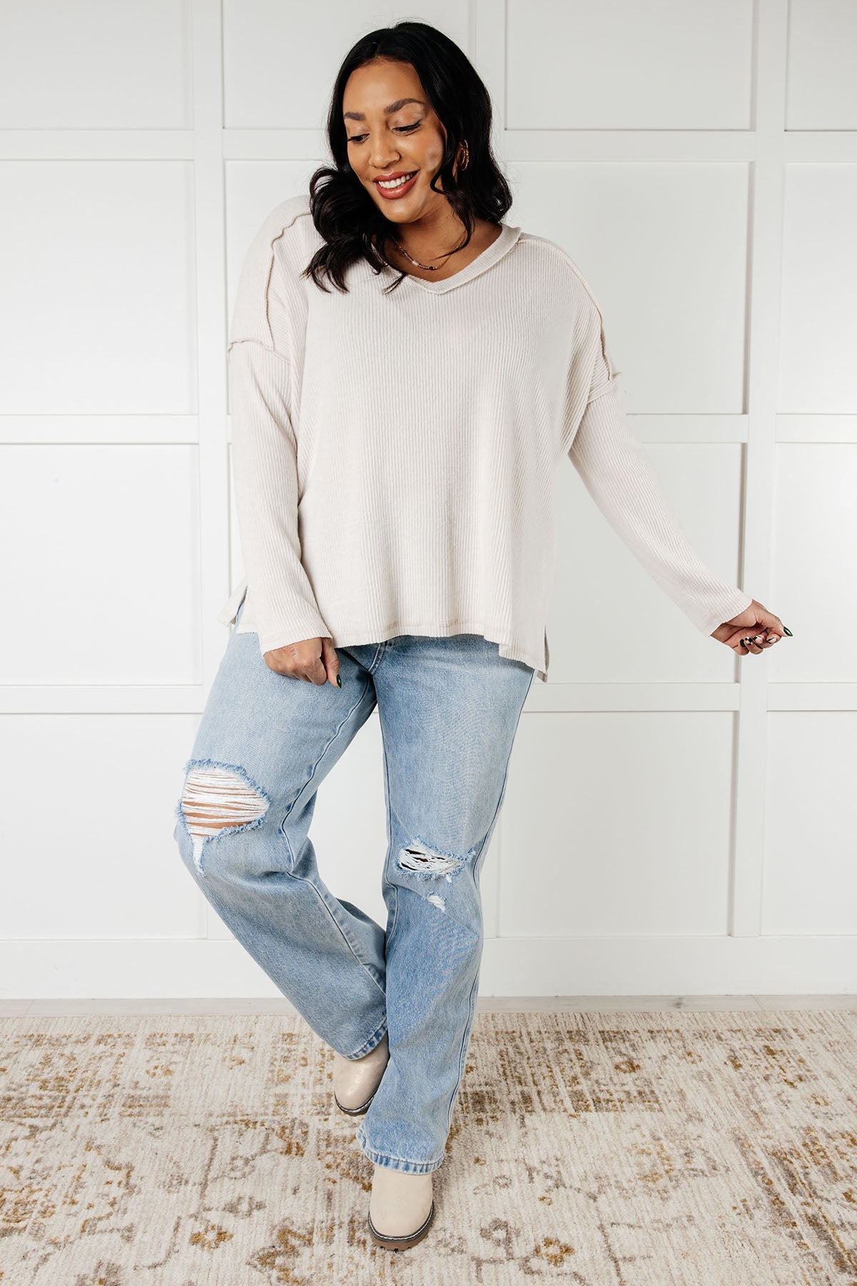 Basically Freezing Brushed Hacci Top in Sand Beige-Tops-Stay Foxy Boutique, Florissant, Missouri