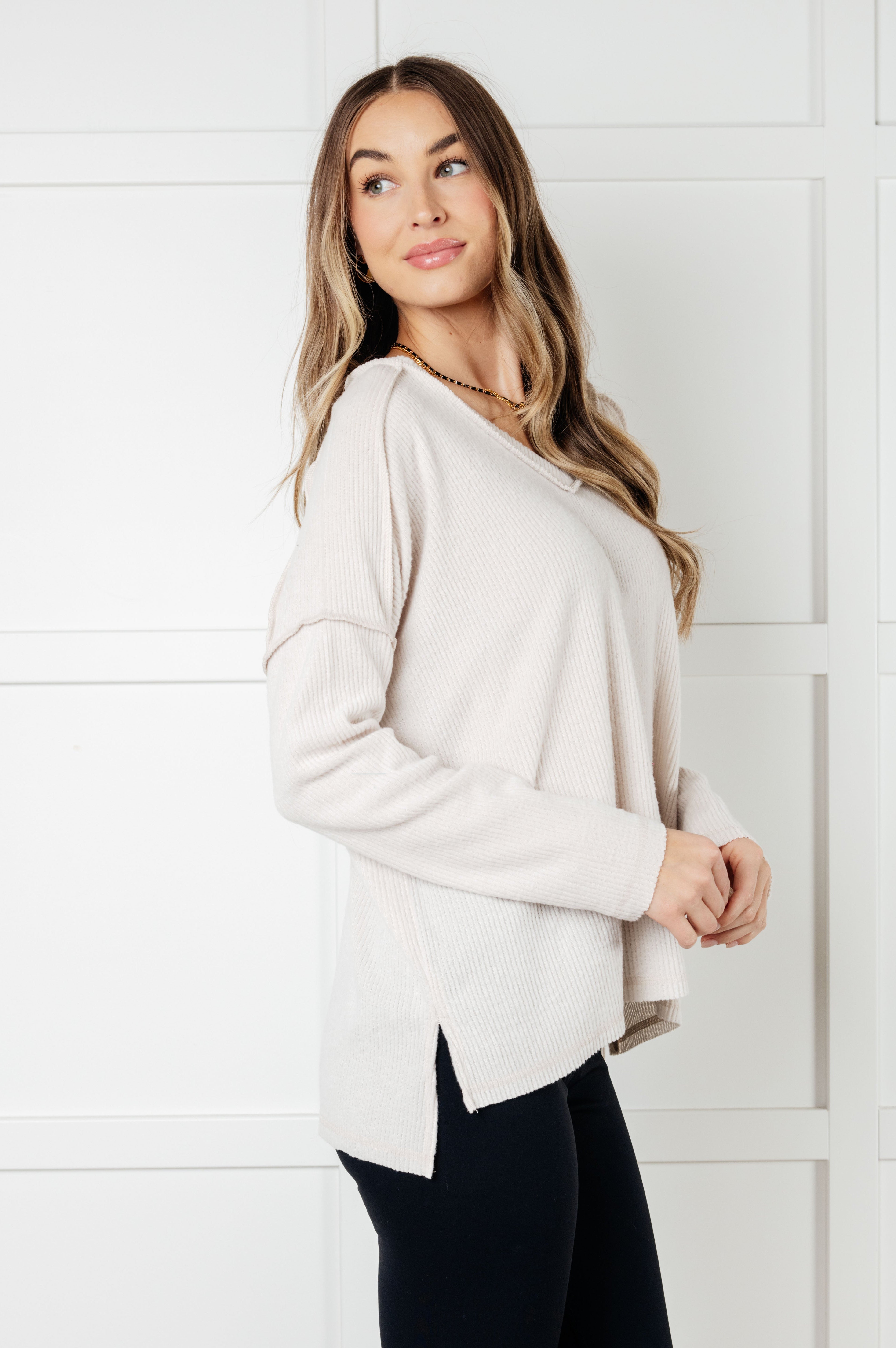 Basically Freezing Brushed Hacci Top in Sand Beige-Tops-Stay Foxy Boutique, Florissant, Missouri