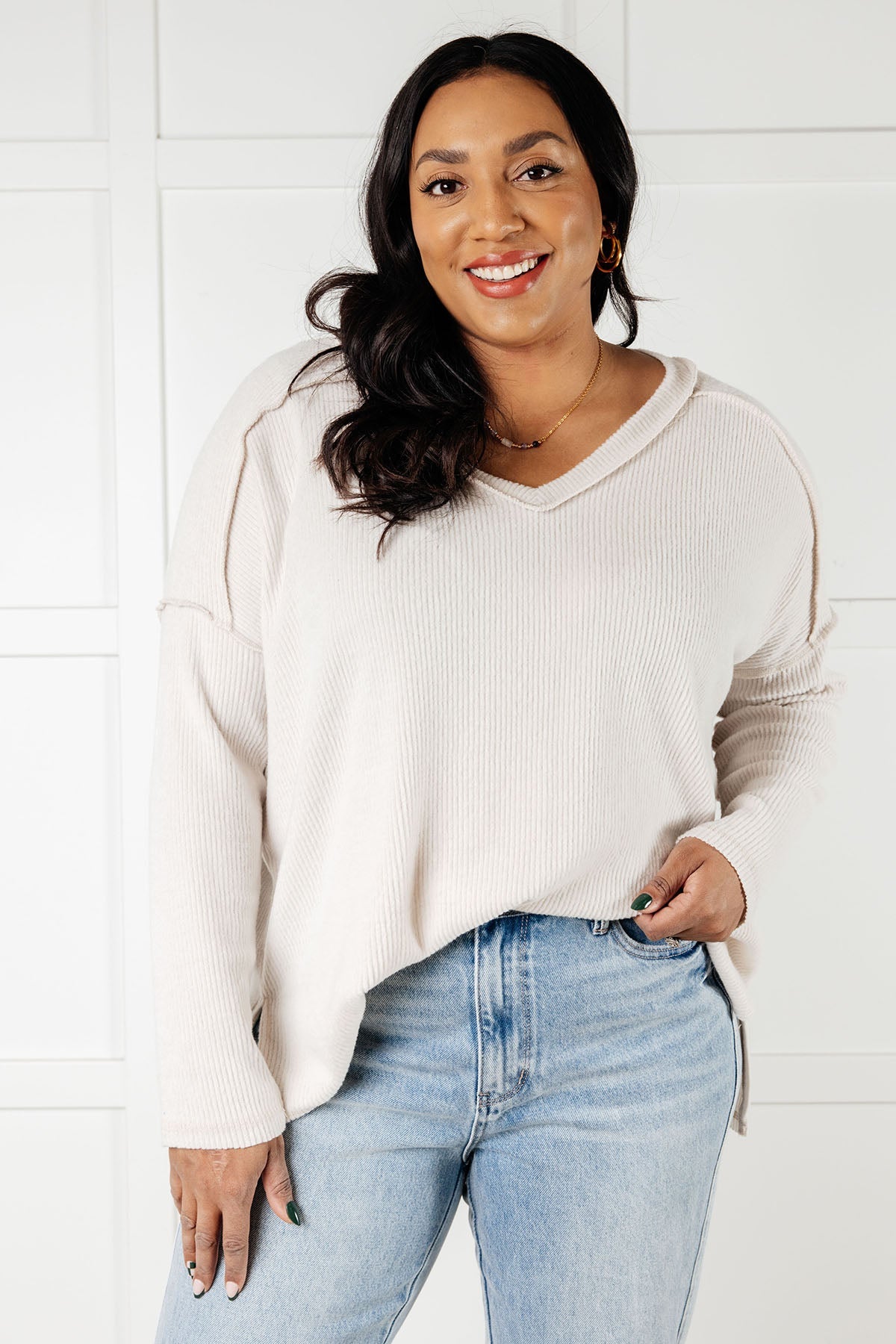 Basically Freezing Brushed Hacci Top in Sand Beige-Tops-Stay Foxy Boutique, Florissant, Missouri