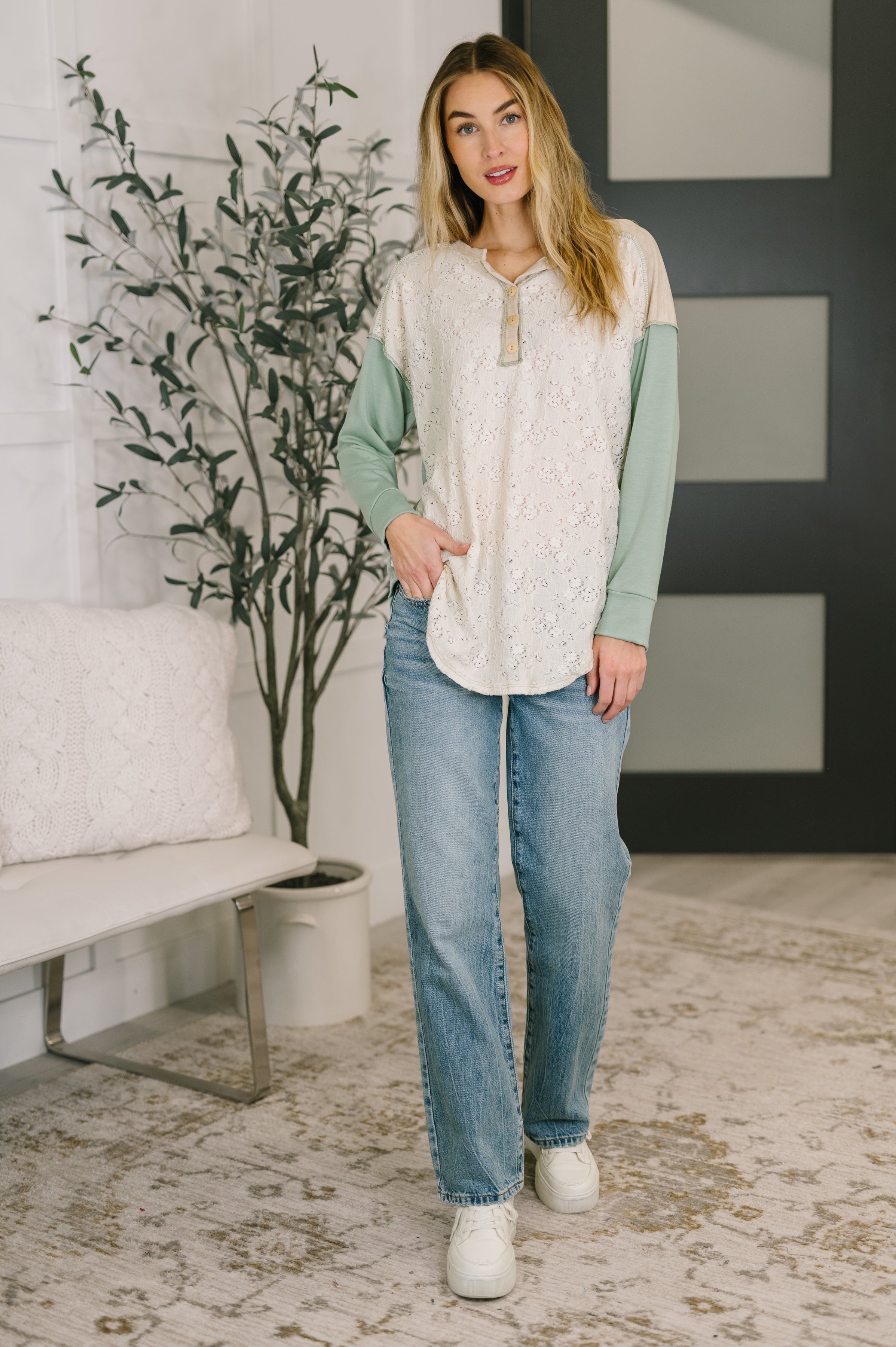 Because I Can Drop Shoulder Henley Top-Womens-Stay Foxy Boutique, Florissant, Missouri