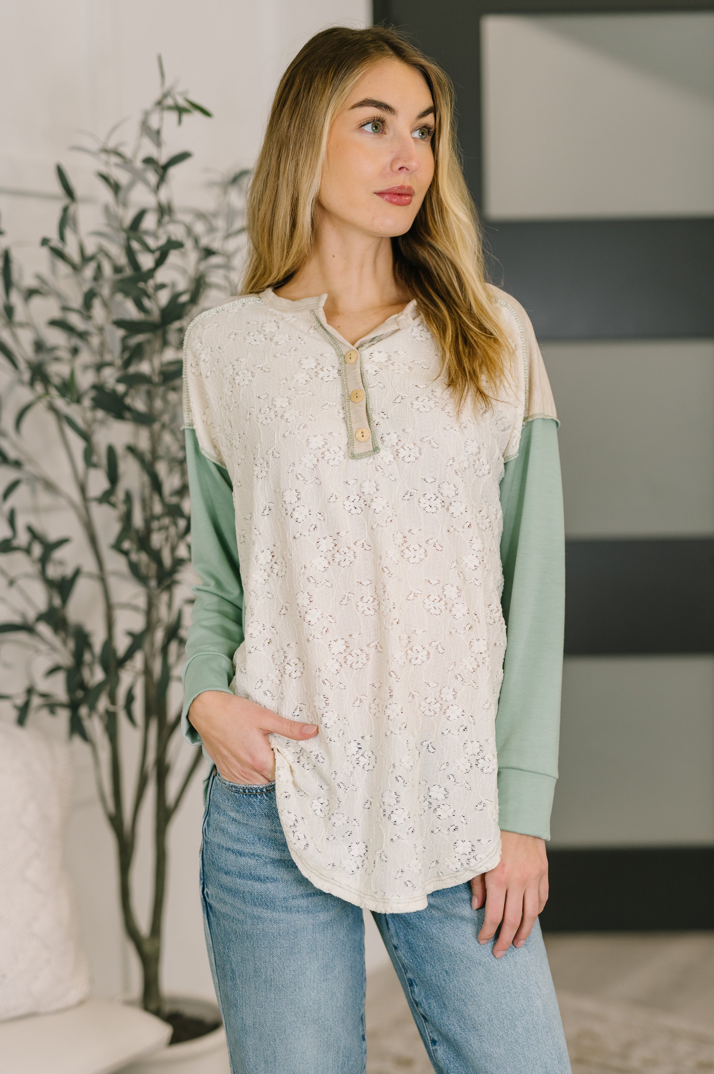 Because I Can Drop Shoulder Henley Top-Womens-Stay Foxy Boutique, Florissant, Missouri