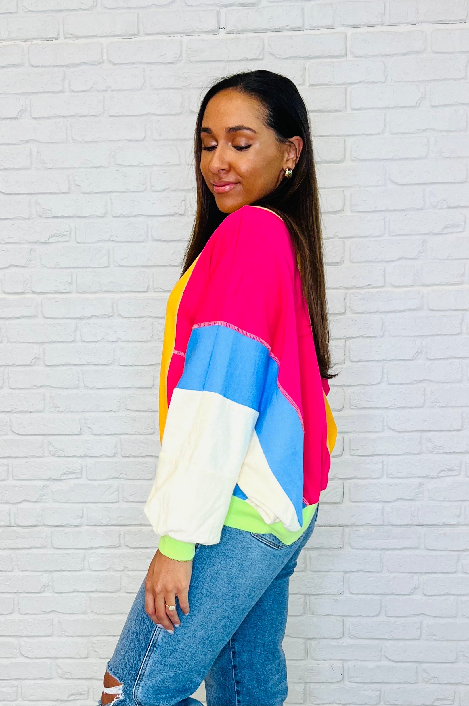 Blockbuster Color Block Pullover in Bright-Womens-Stay Foxy Boutique, Florissant, Missouri