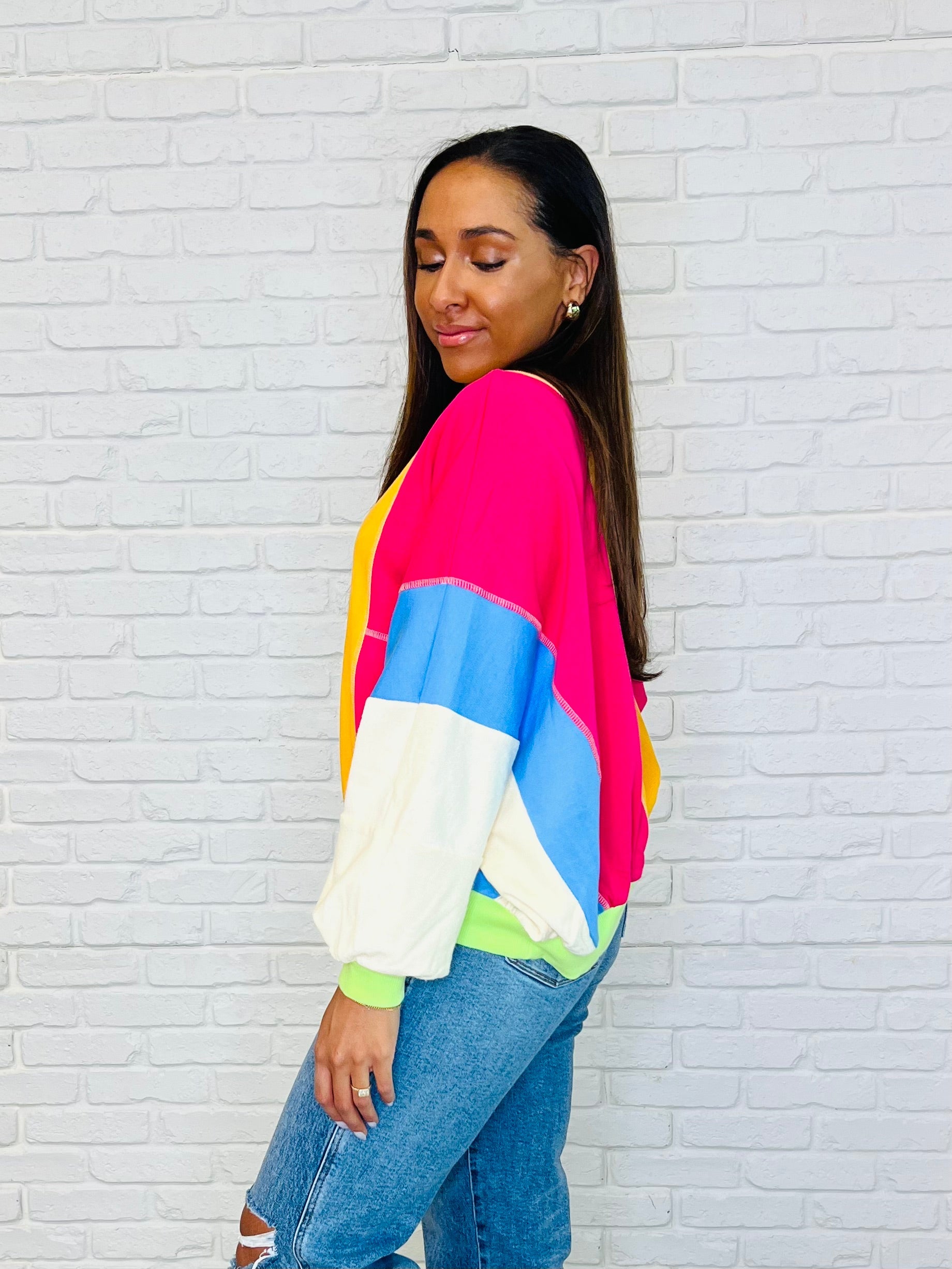 Blockbuster Color Block Pullover in Bright-Womens-Stay Foxy Boutique, Florissant, Missouri