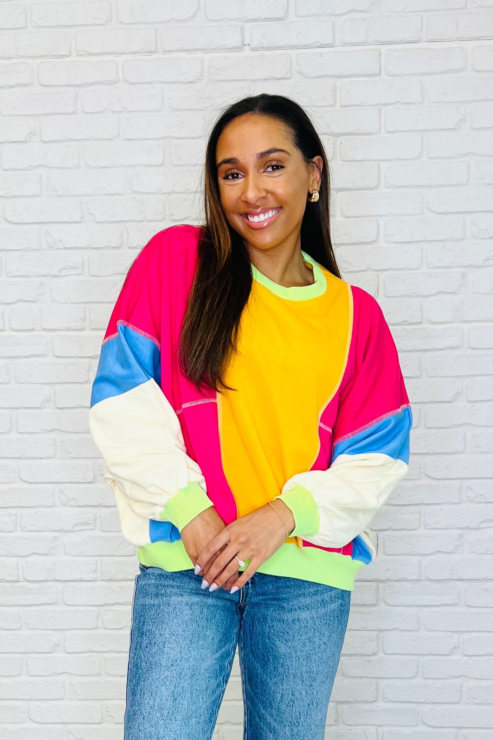 Blockbuster Color Block Pullover in Bright-Womens-Stay Foxy Boutique, Florissant, Missouri