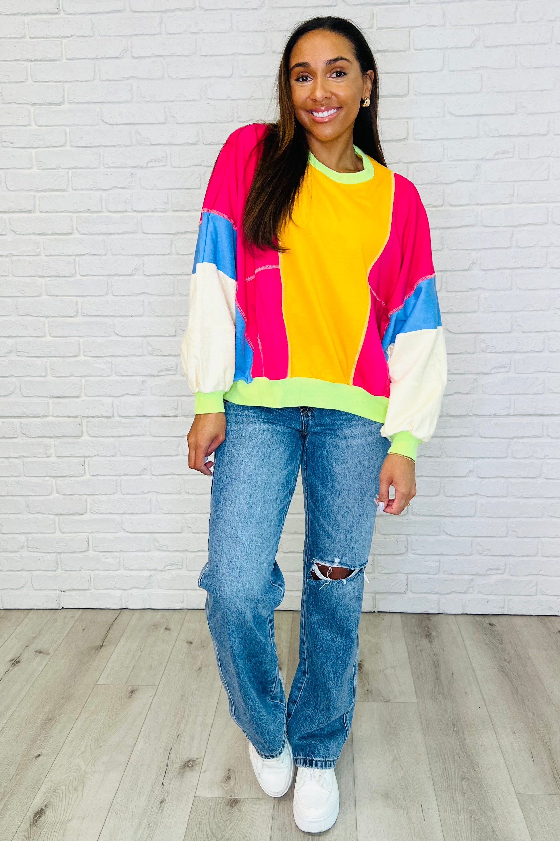 Blockbuster Color Block Pullover in Bright-Womens-Stay Foxy Boutique, Florissant, Missouri